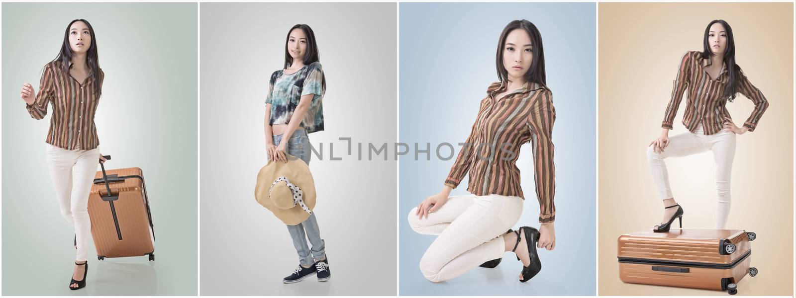 Travel concept with Asian beauty with a luggage in a set.