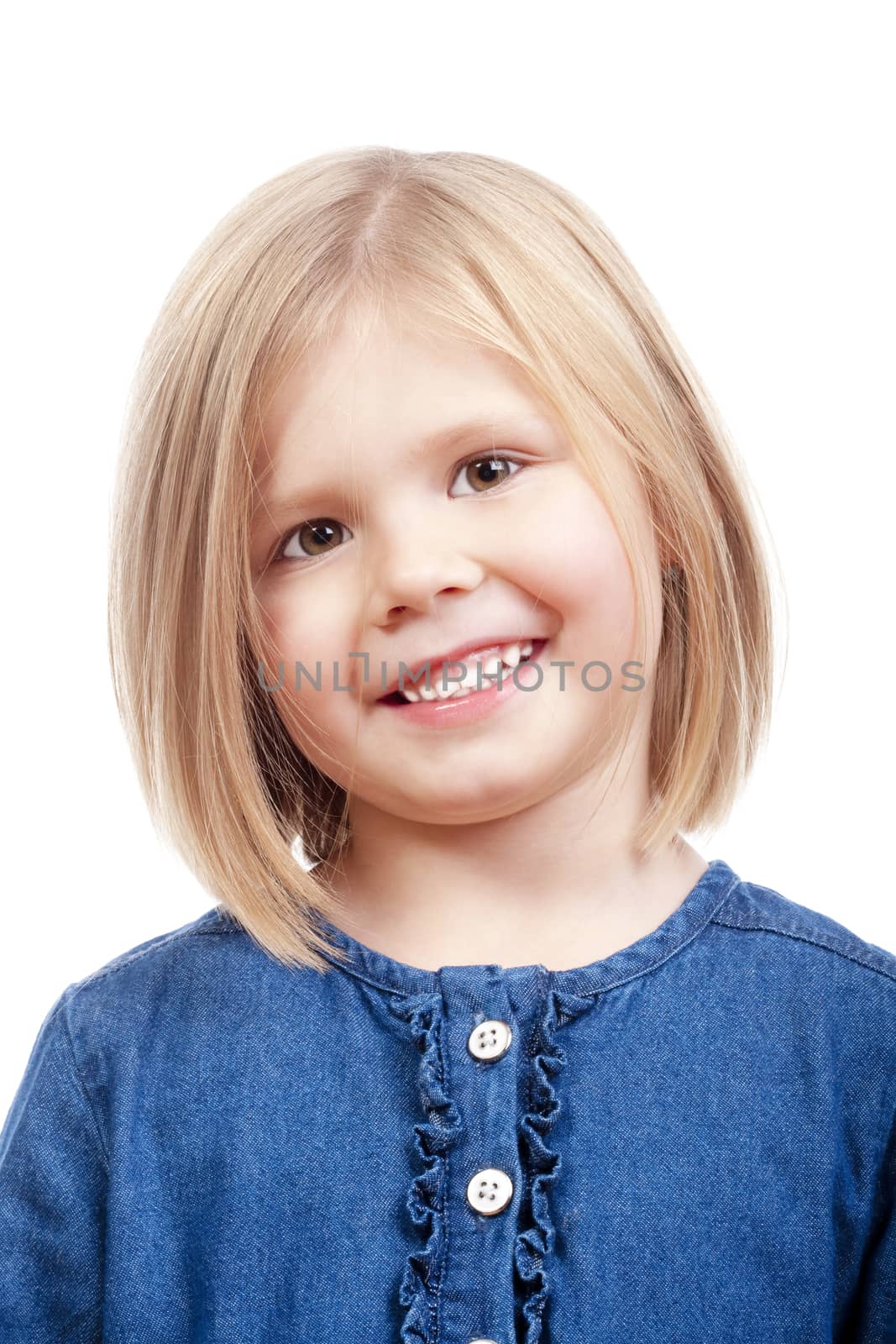 portrait of a happy little girl with blond hair smiling - isolated on white