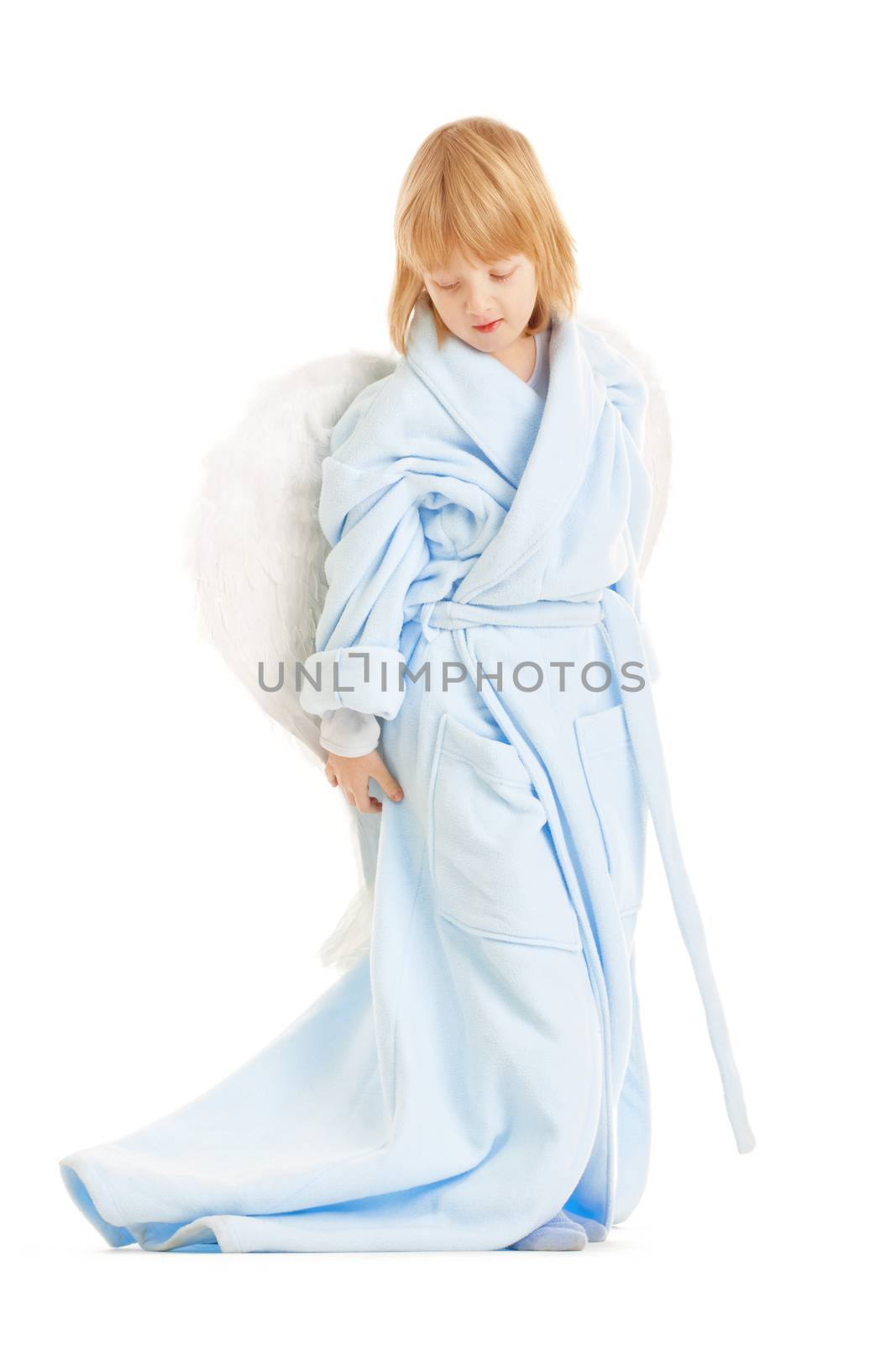 boy with long blond hair and angel wings - isolated on white