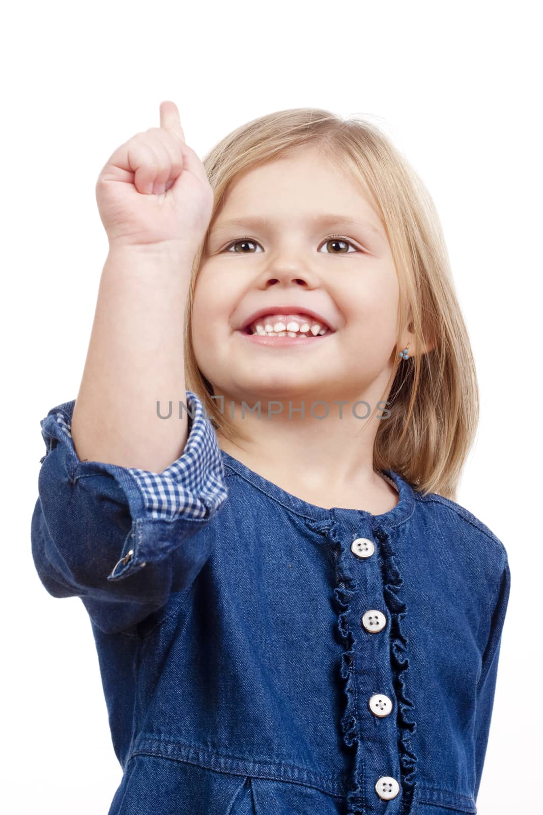 portrait of a happy little girl with blond hair smiling - isolated on white