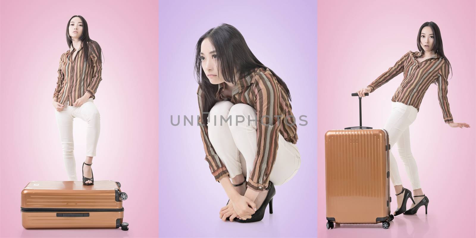 Travel concept with Asian beauty with a luggage in a set.