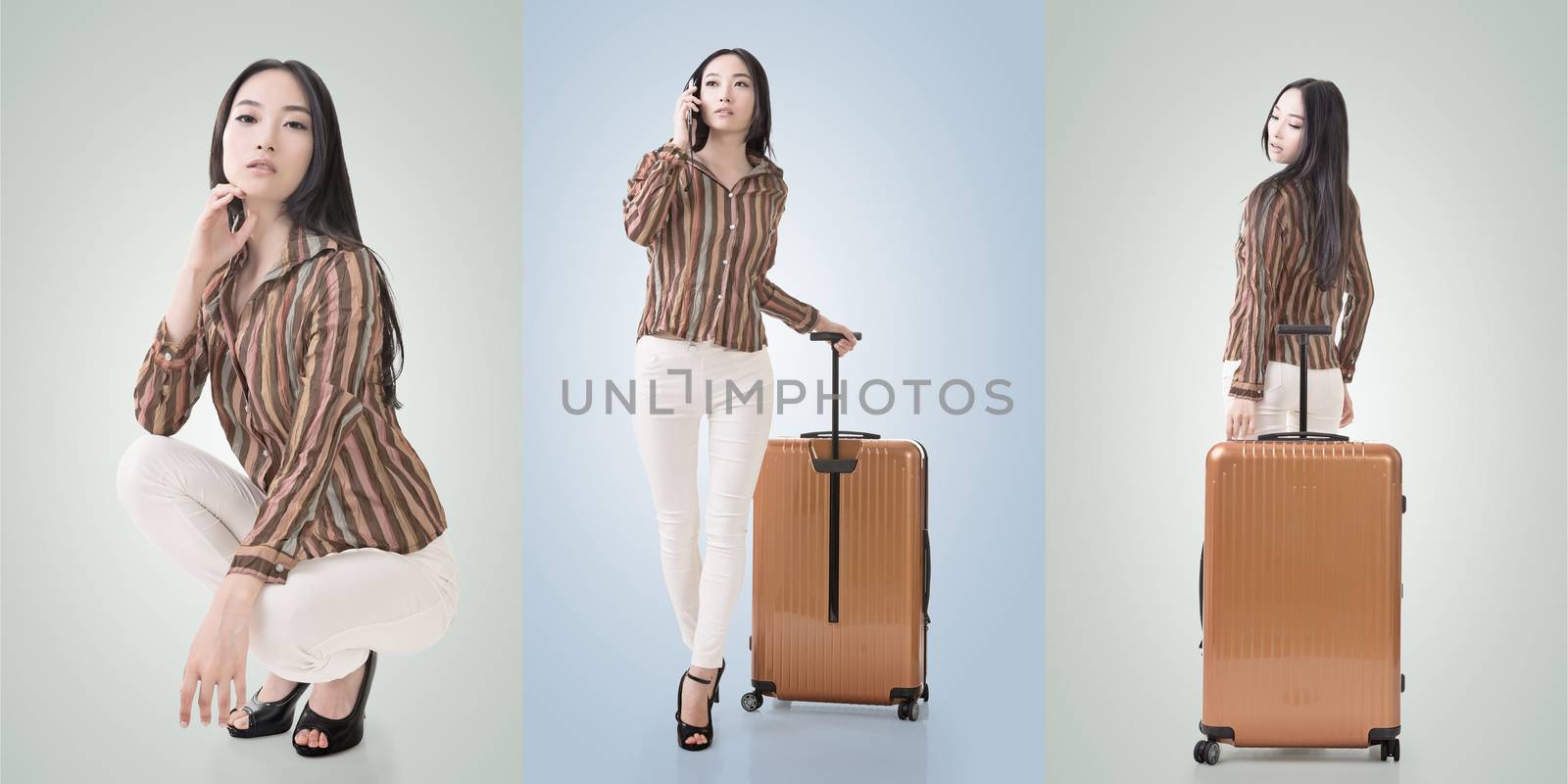 Travel concept with Asian beauty with a luggage in a set.