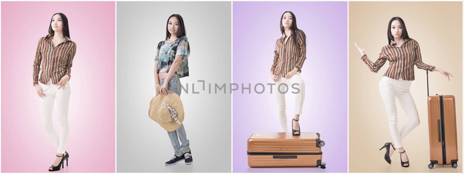 Travel concept with Asian beauty with a luggage in a set.