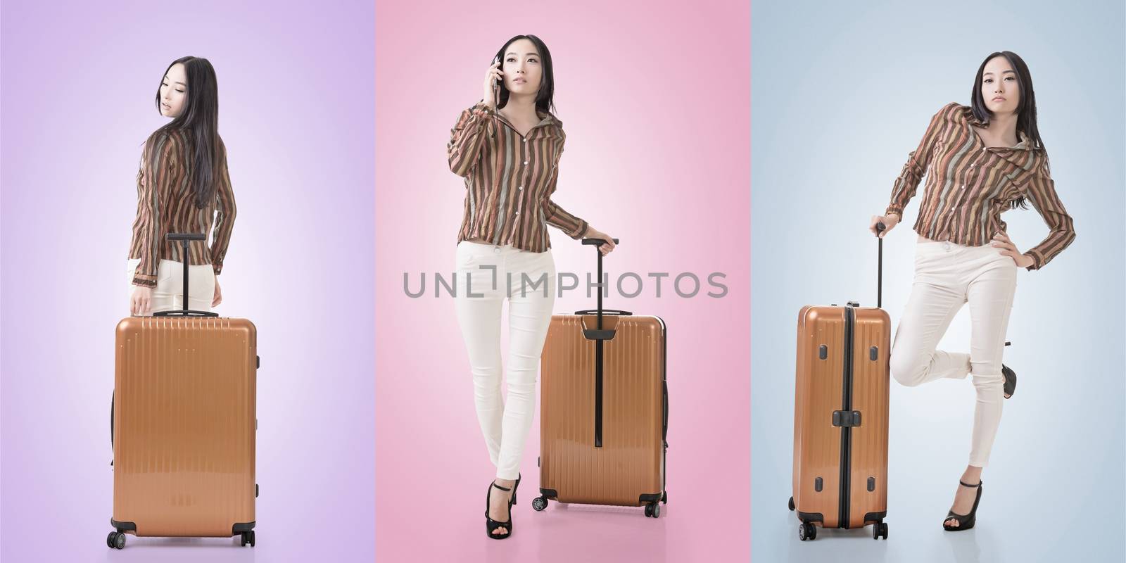 Travel concept with Asian beauty with a luggage in a set.