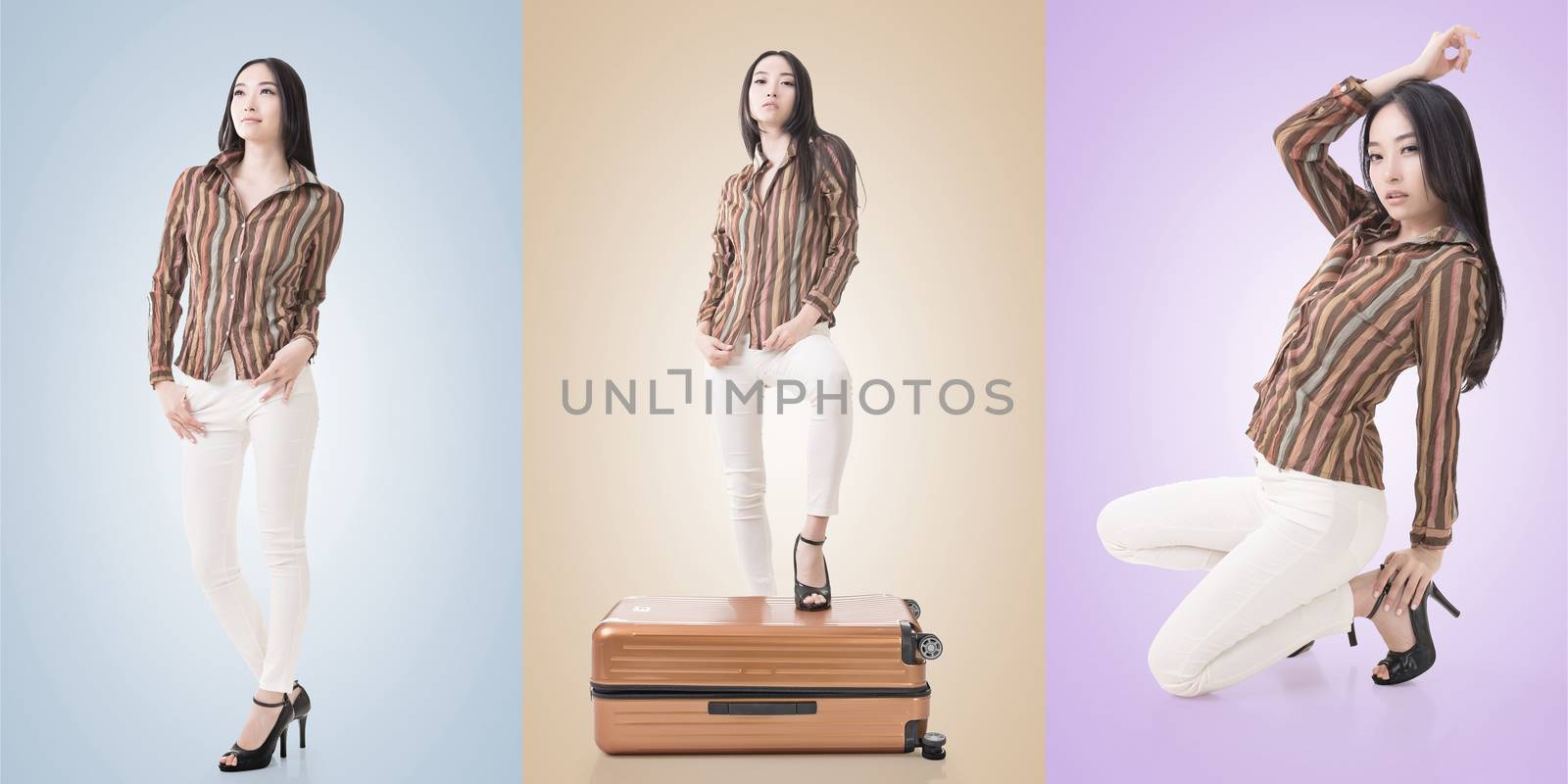 Travel concept with Asian beauty with a luggage in a set.