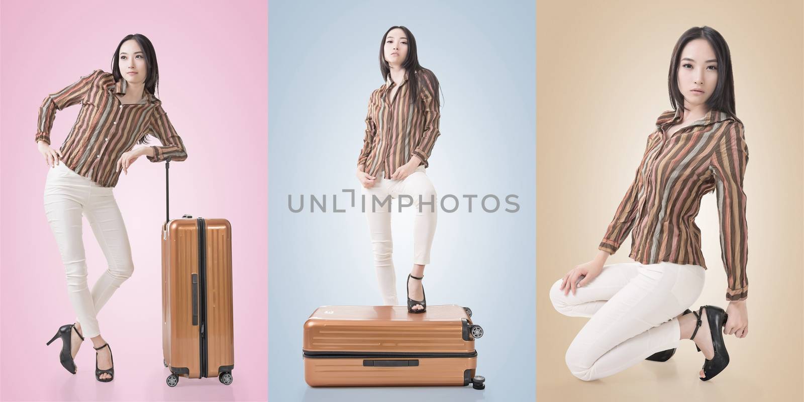 Travel concept with Asian beauty with a luggage in a set.