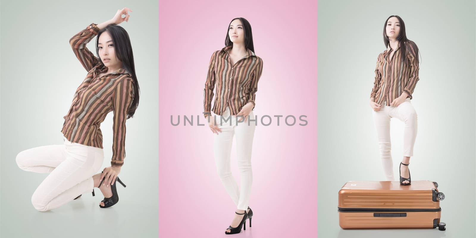 Travel concept with Asian beauty with a luggage in a set.