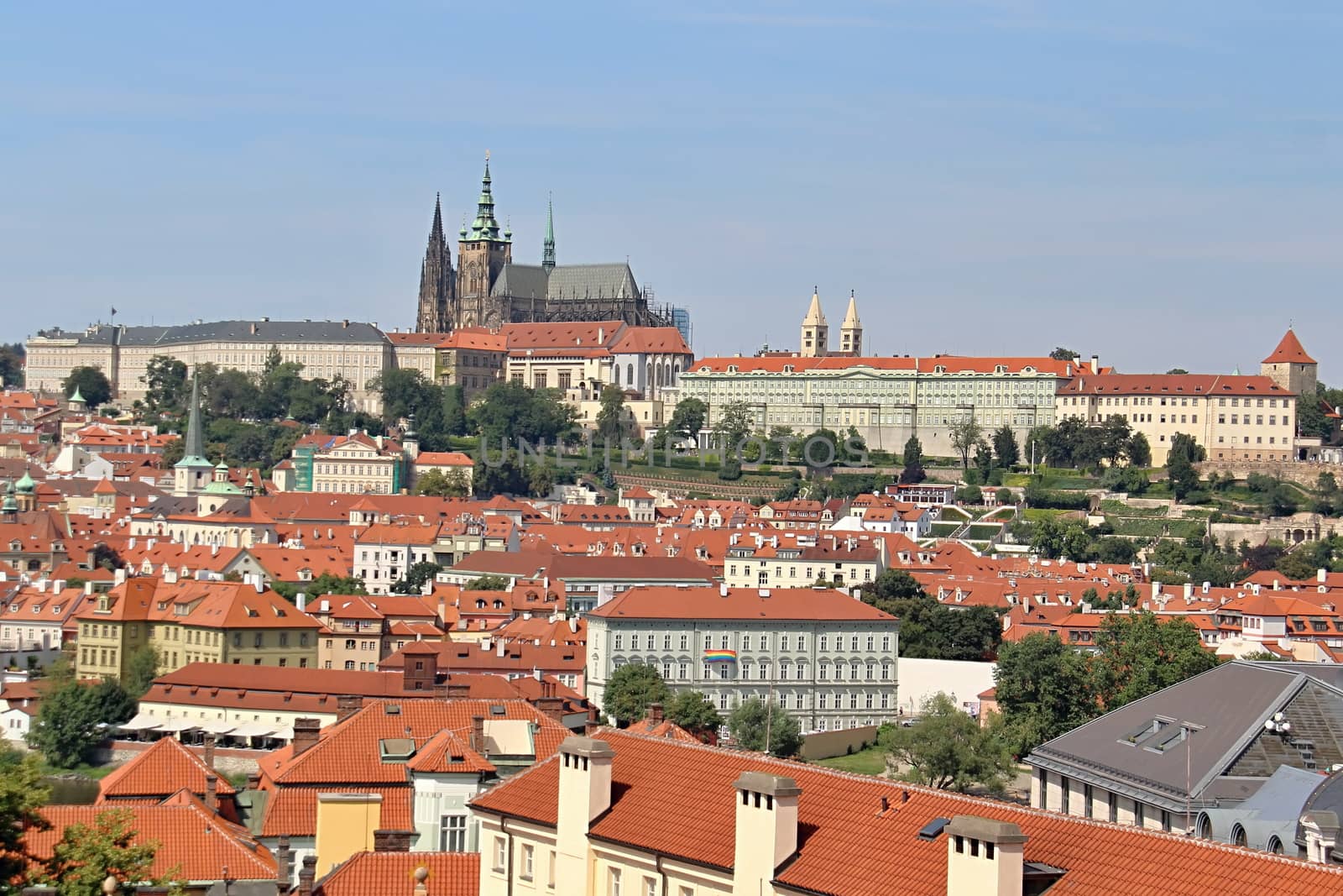 Photo shows details of Prague red roofs and old houses.