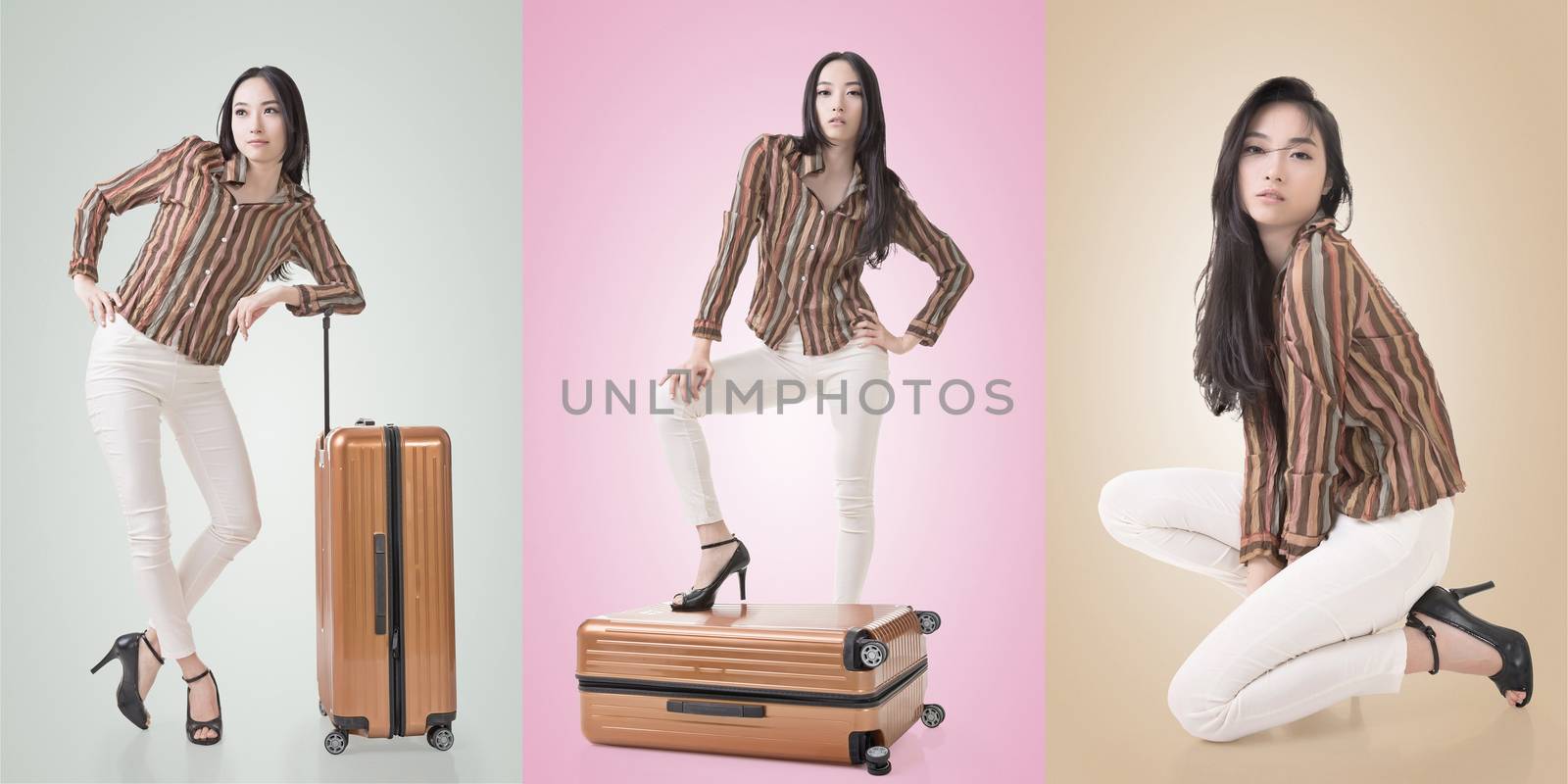 Travel concept with Asian beauty with a luggage in a set.