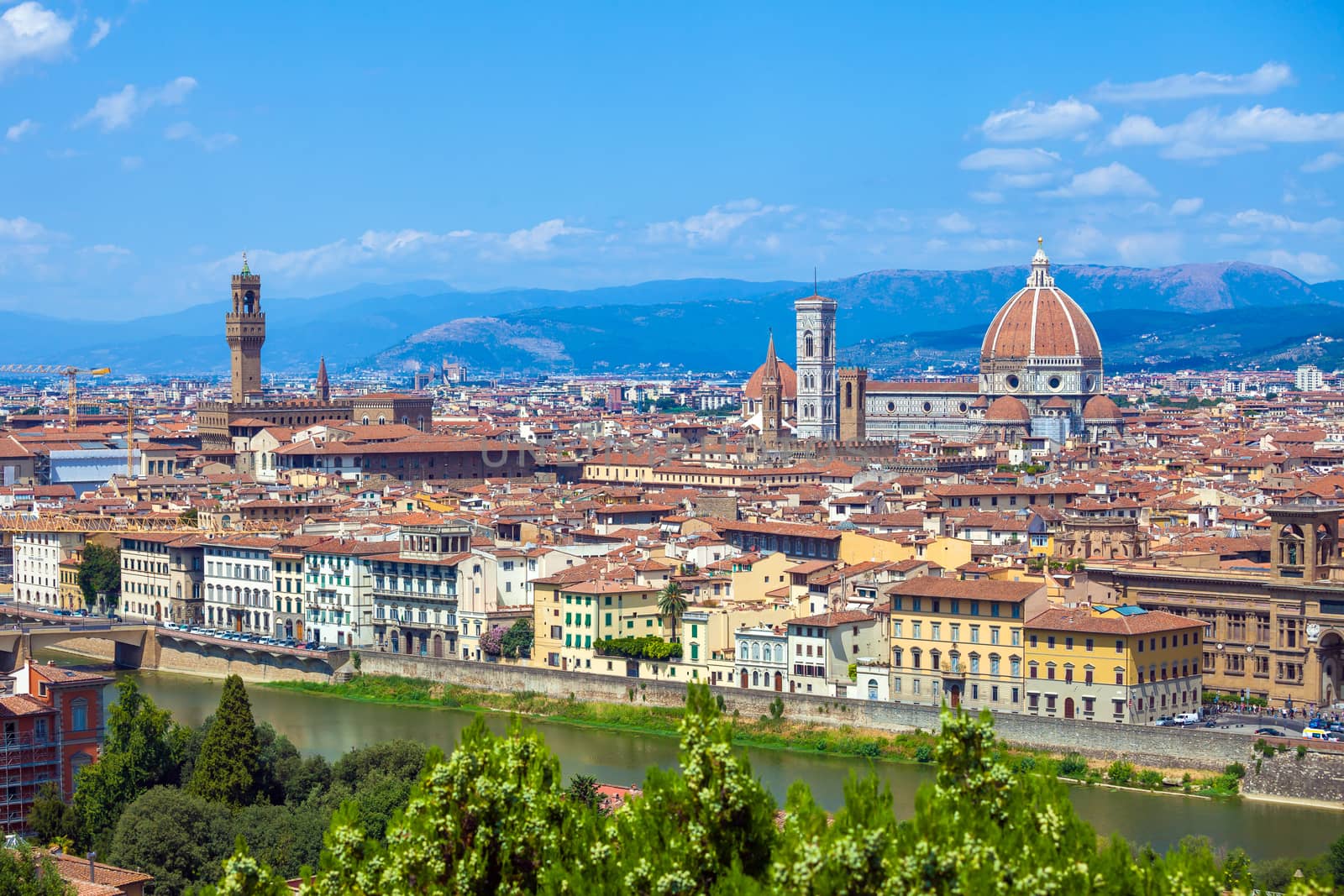 Cathedral Santa Maria del Fiore and Pallazo Vecchio in Florence city view, Italy