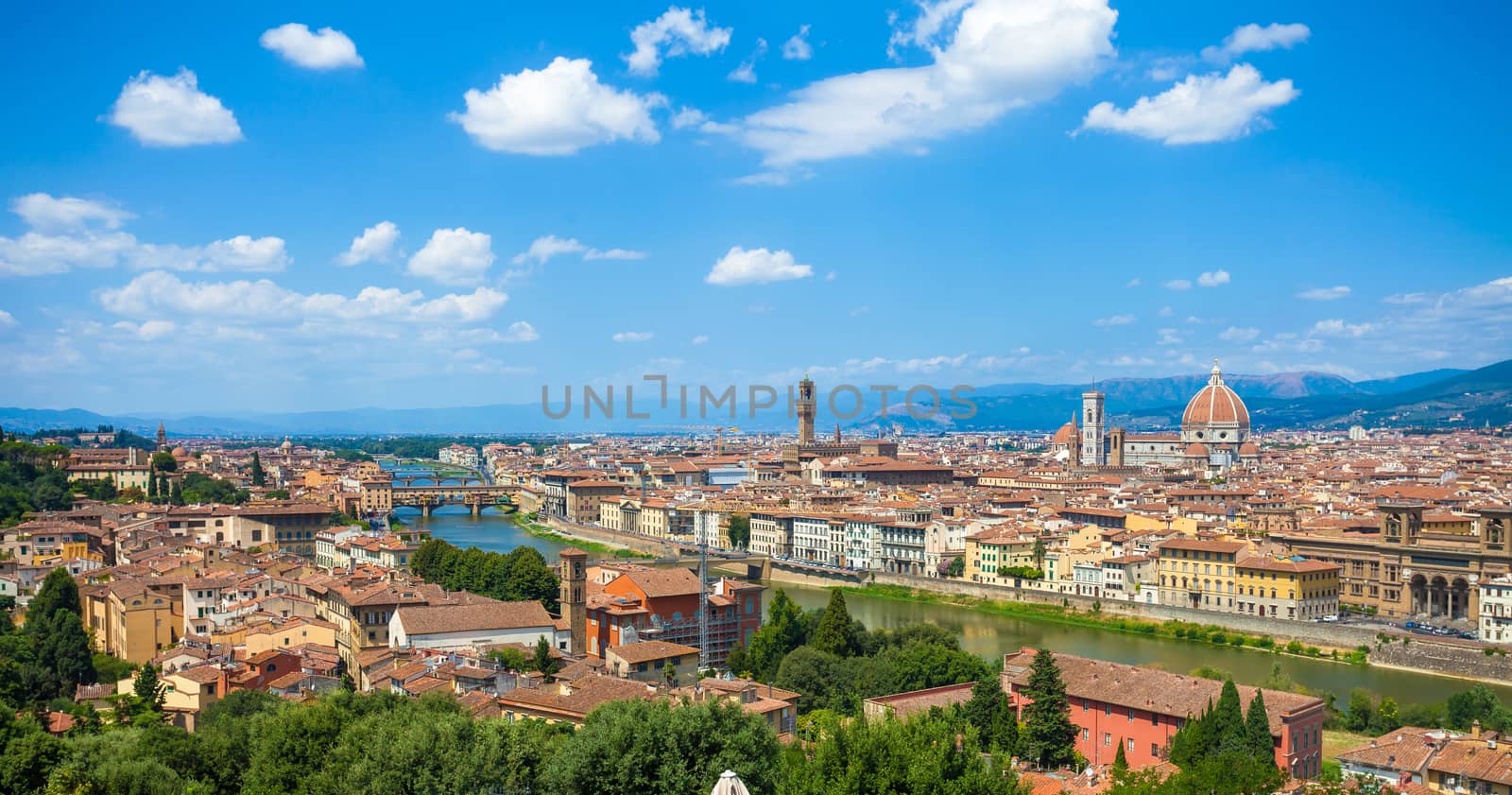 Florence panoramic view with Cathedral Santa Maria del Fiore, Pallazo Vecchio and Ponte Vecchio, Italy