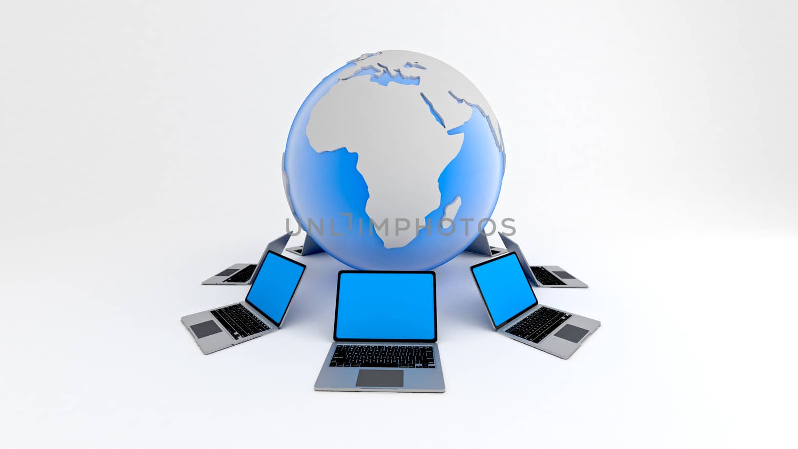 Laptops around globe. Global network concept. by klss