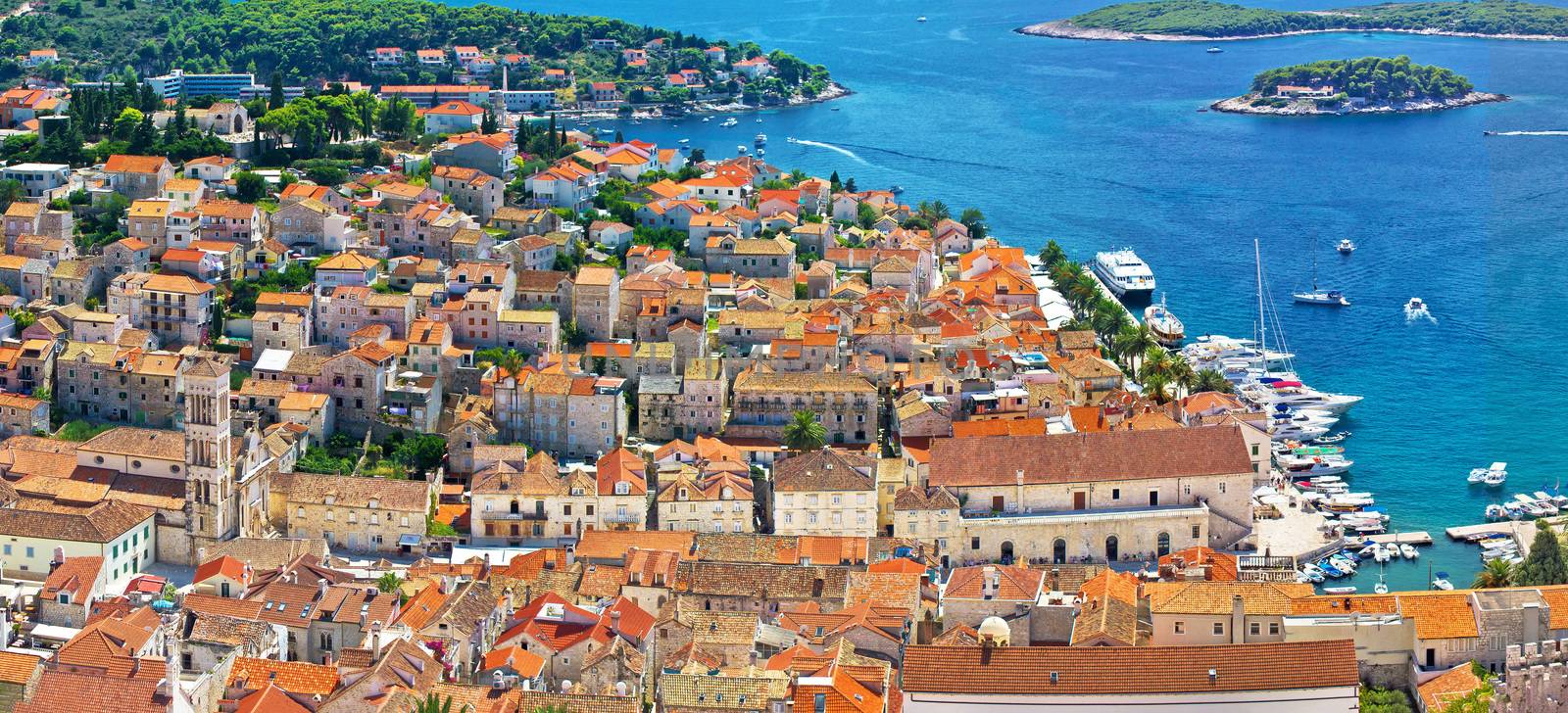 Hvar island old historic center aerial panoramic view, Dalmatia, Croatia