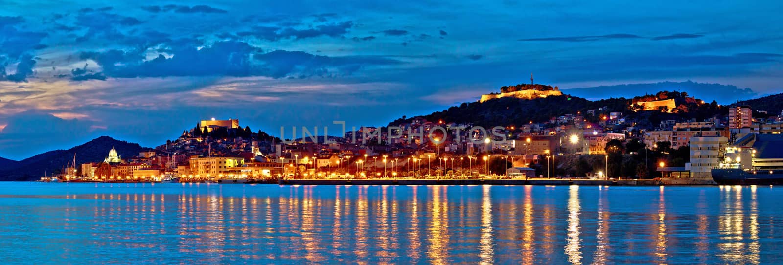 Historic Sibenik waterfront evening panorama, UNESCO world heritage site in Dalmatia, Croatia