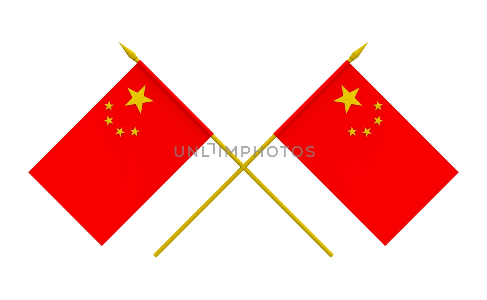 Two crossed flags of China, 3d render, isolated on white