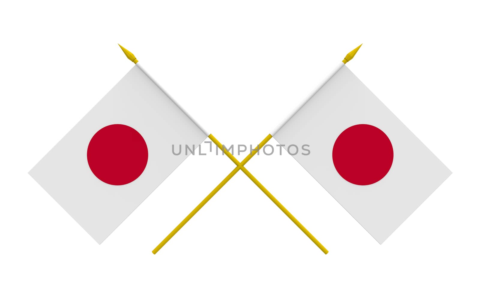Two crossed flags of Japan, 3d render, isolated on white