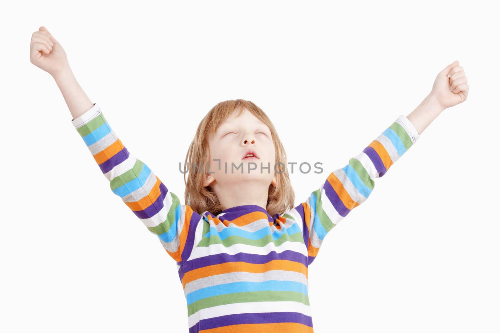 Boy with Closed Eyes Holding his Arms up - Isolated on White