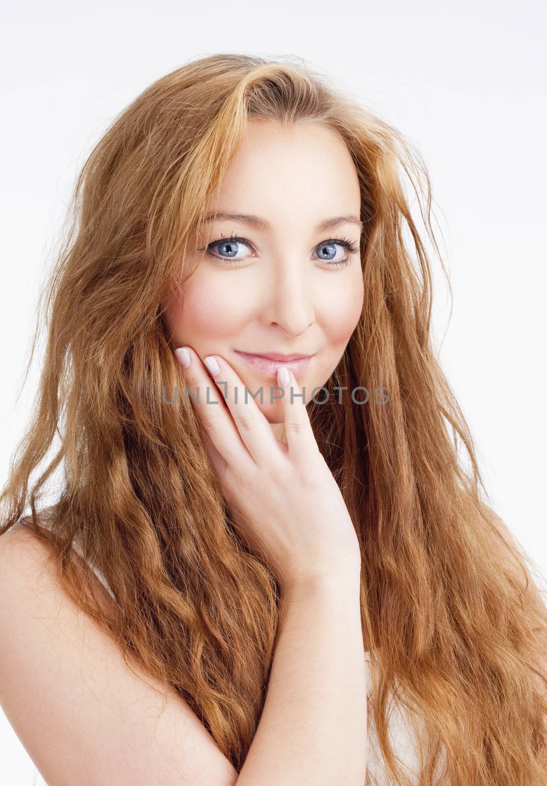 Young Beautiful Woman with Long Brown Hair Looking, Thinking