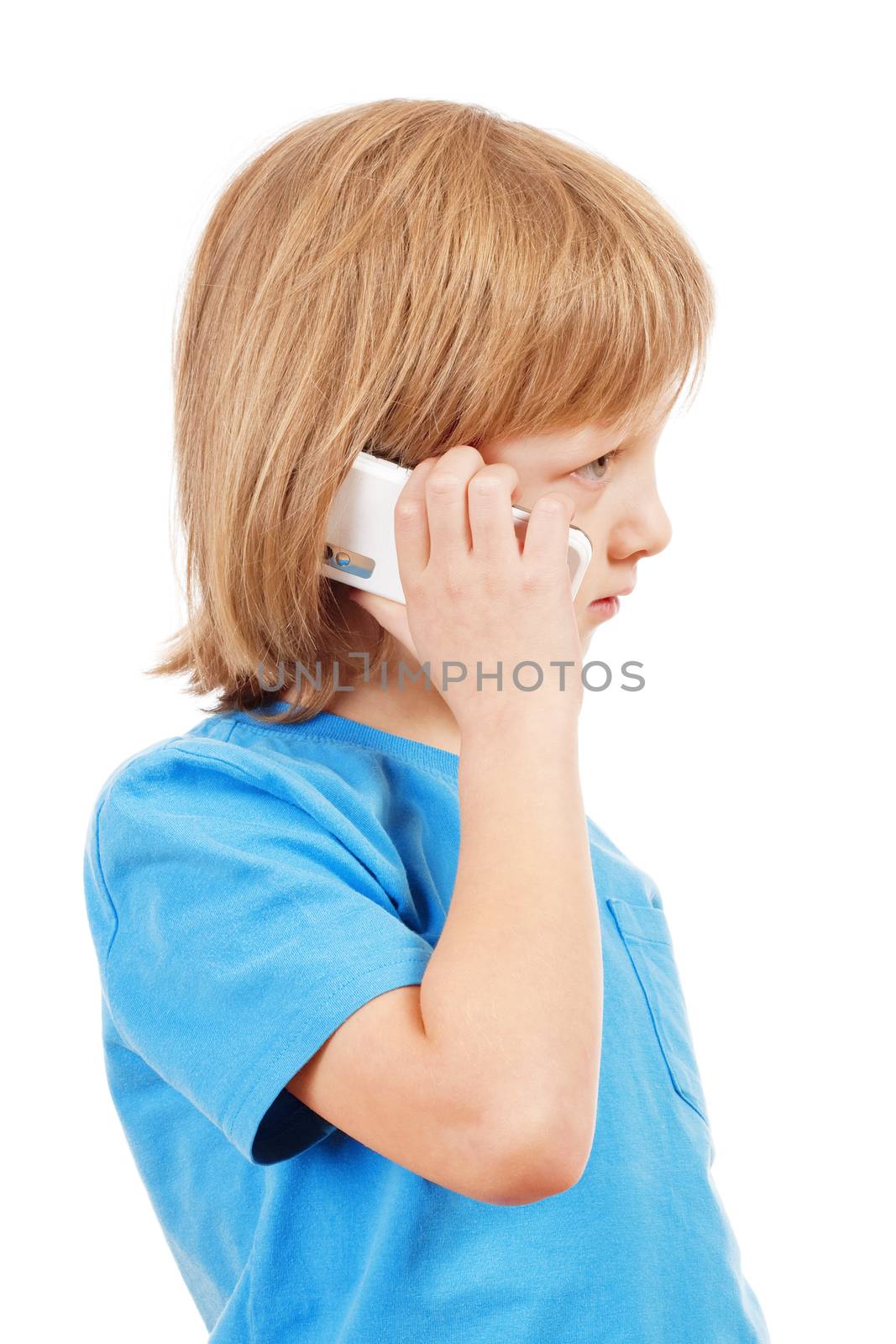 Portrait of a Boy Talking on Mobile Phone - Isolated on White