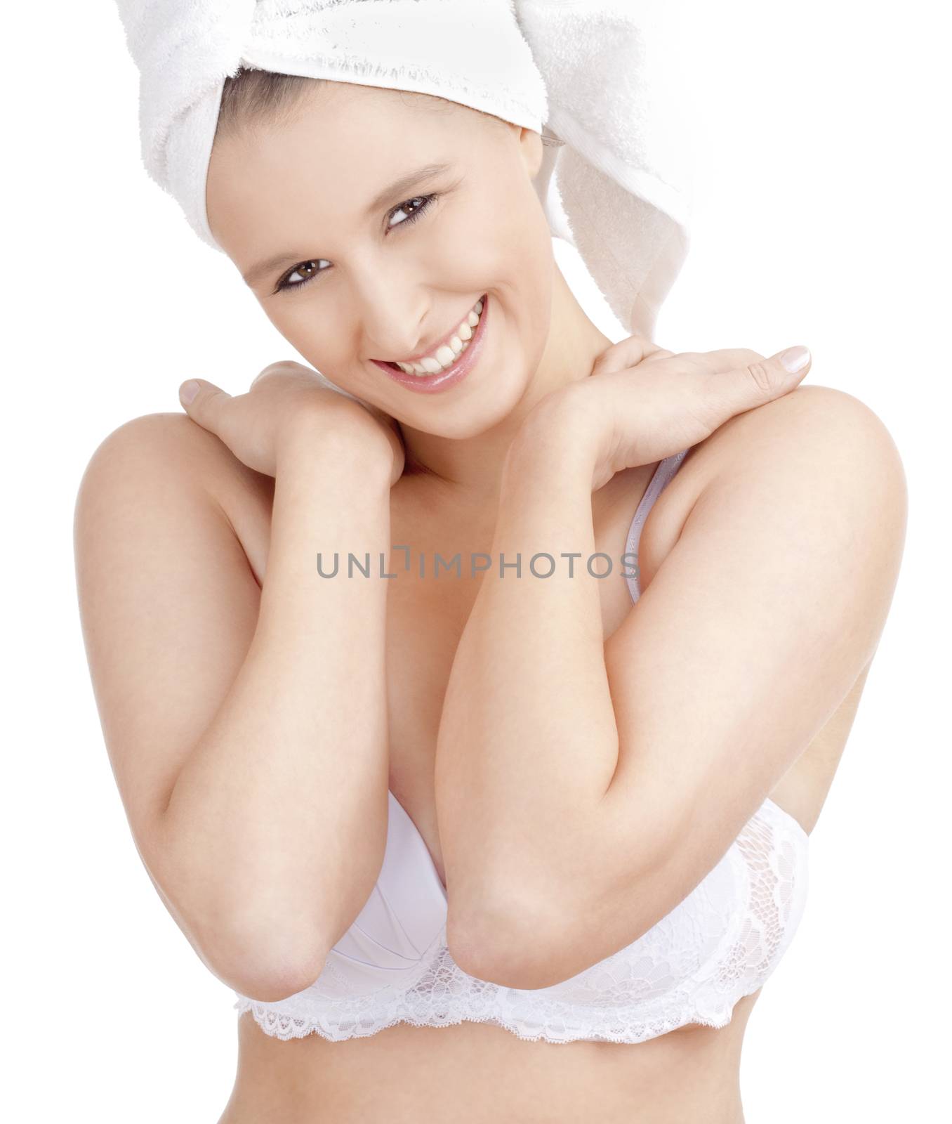 Beautiful Young Woman with Towel on her Head Smiling by courtyardpix