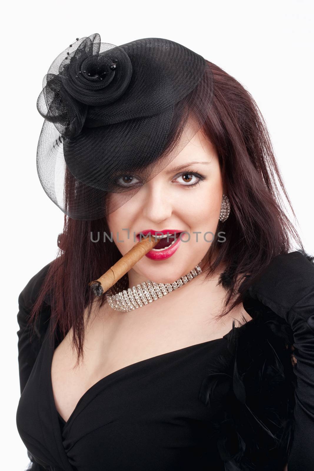 Young Woman with Black Hat and Gloves Smoking Cigar by courtyardpix