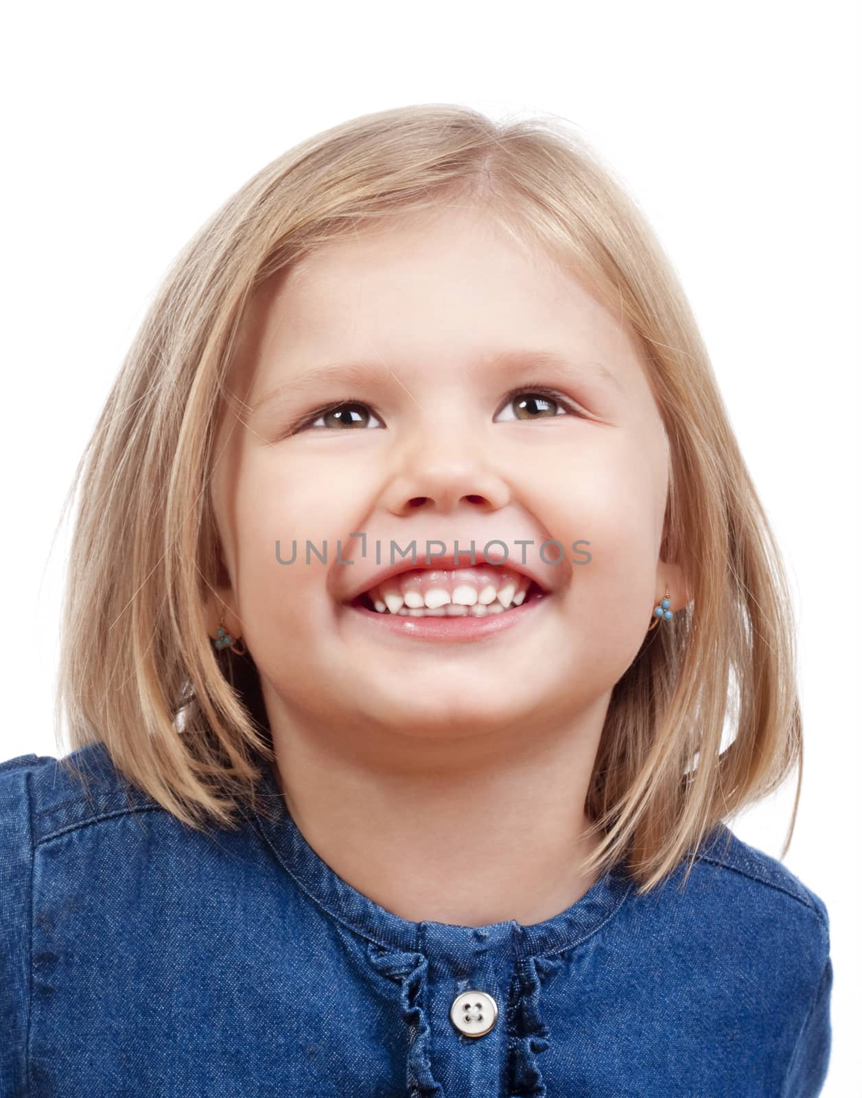 portrait of a happy little girl with blond hair smiling - isolated on white