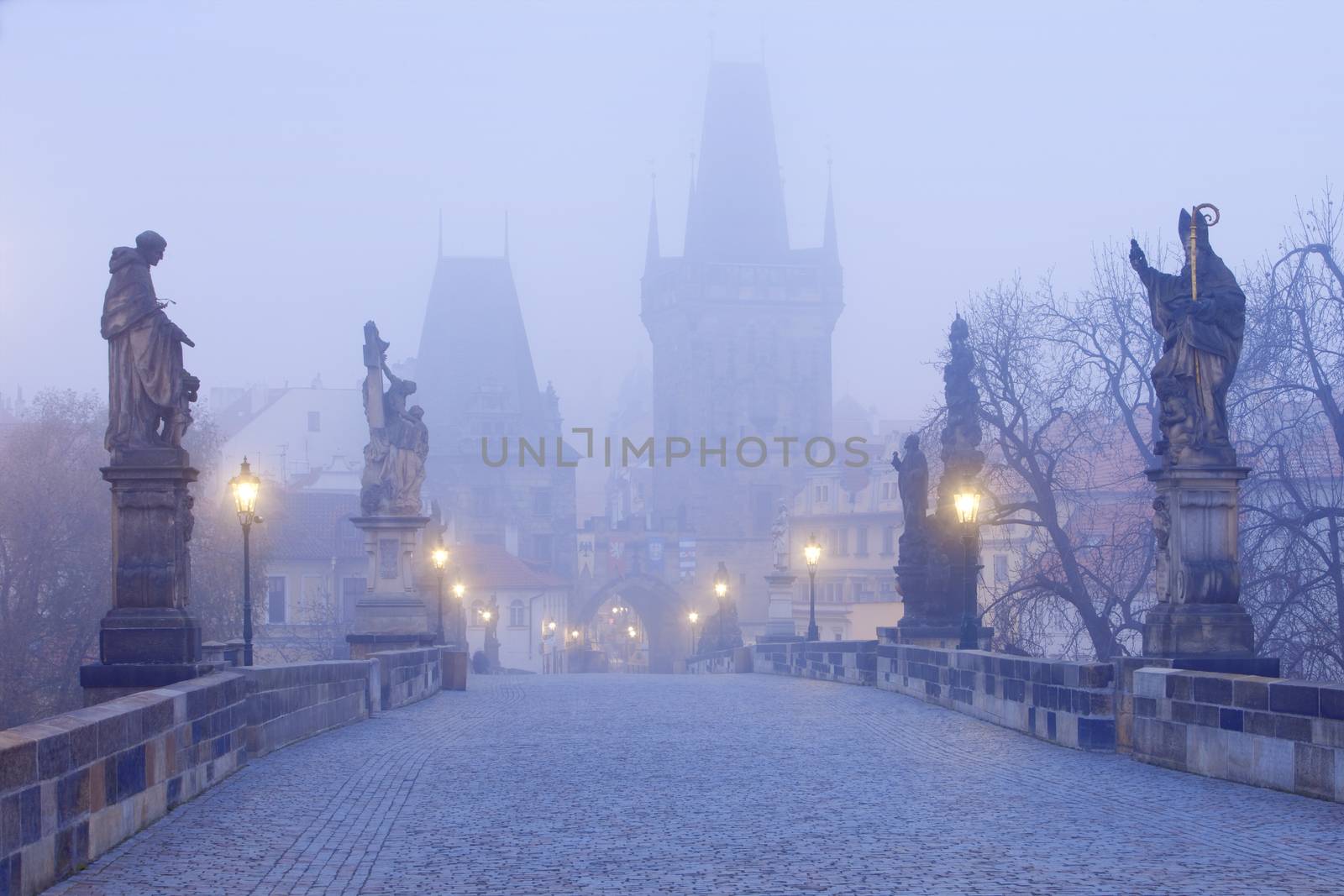 czech republic prague - charles bridge on foggy morning