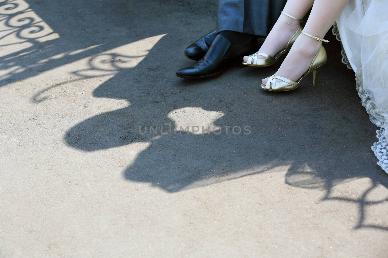 Shadow of the groom and the bride on asphalt