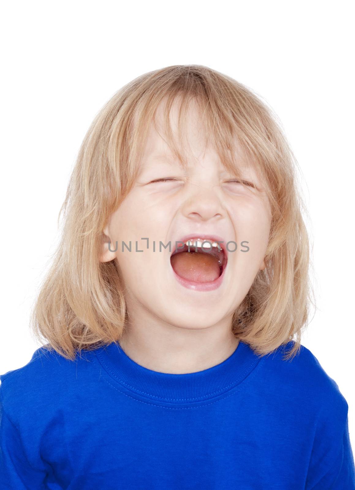 portrait of a boy with long blond hair crying - isolated on white