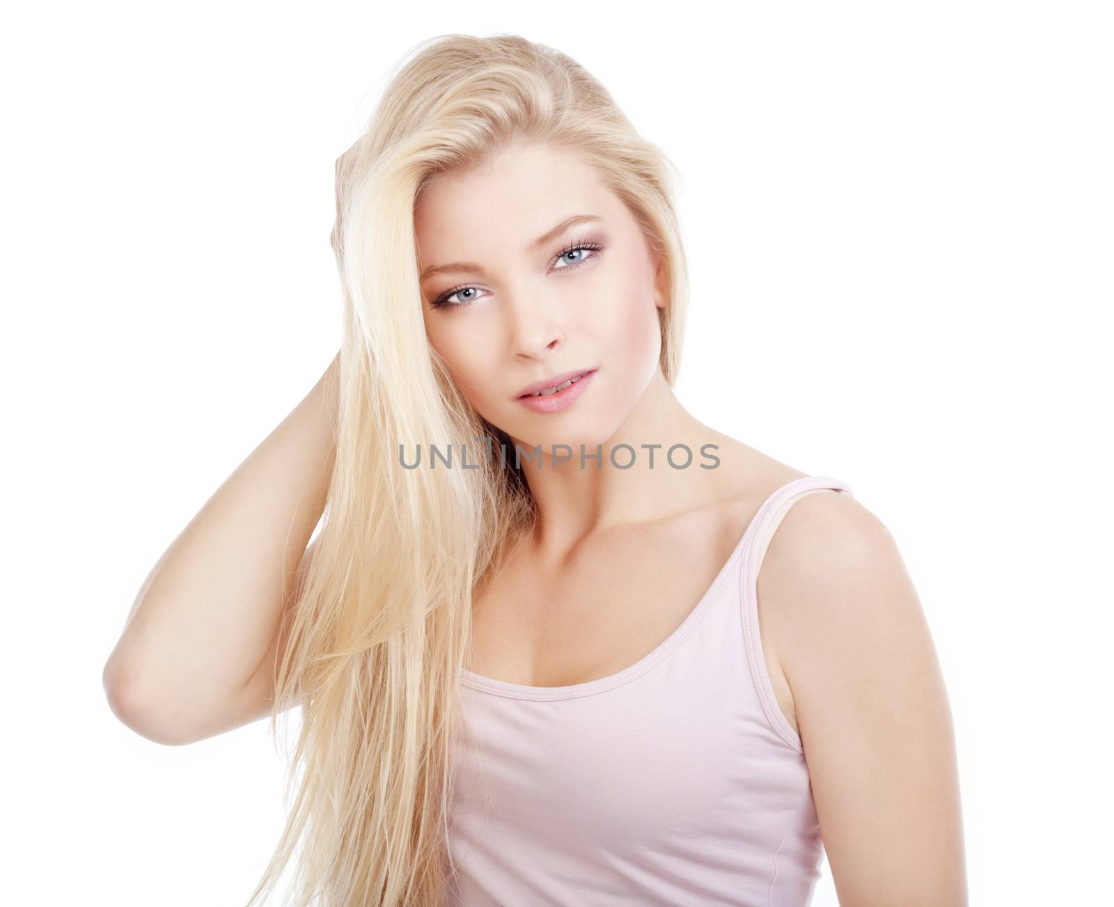 portrait of a young beautiful woman with blond hair - isolated on white