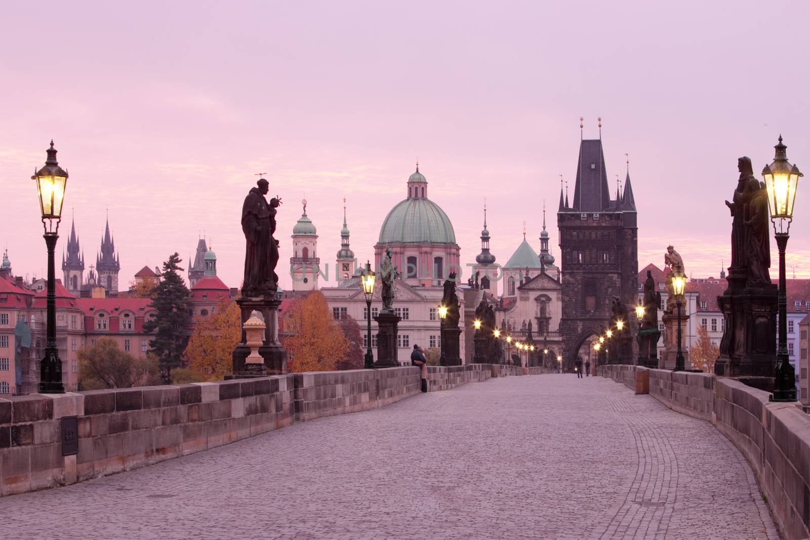 czech republic prague - charles bridge and spires of the old town at dawn