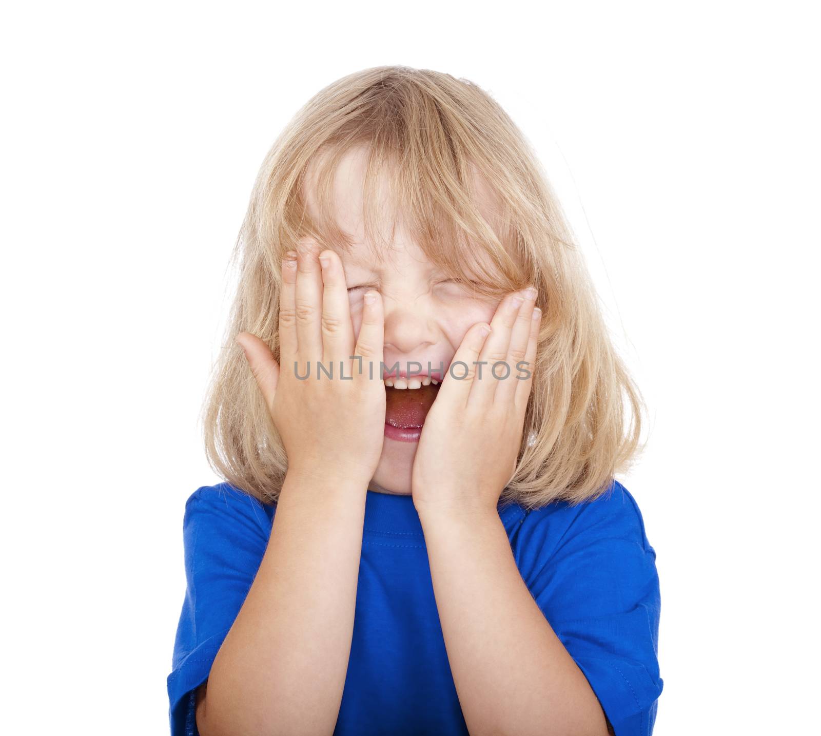 boy with long blond hair in blue top laughing - isolated on white