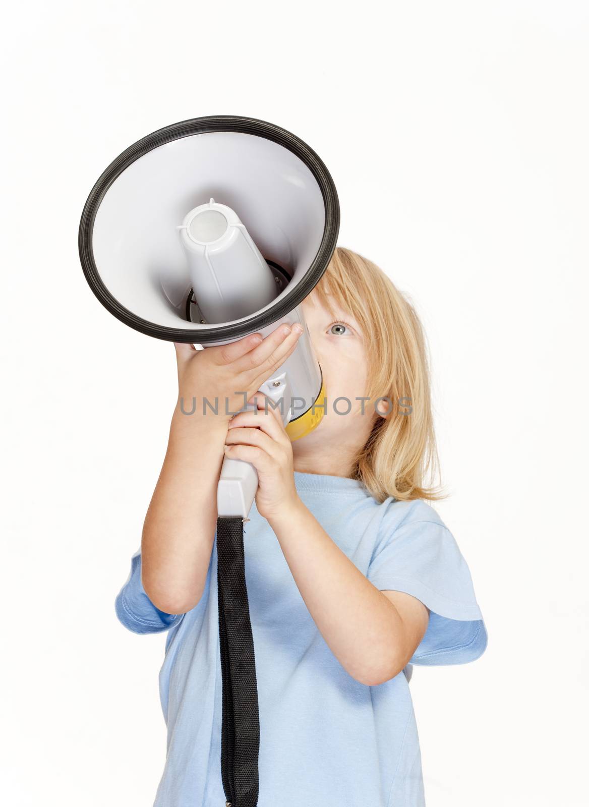 boy with long blond hair playing with a megaphone