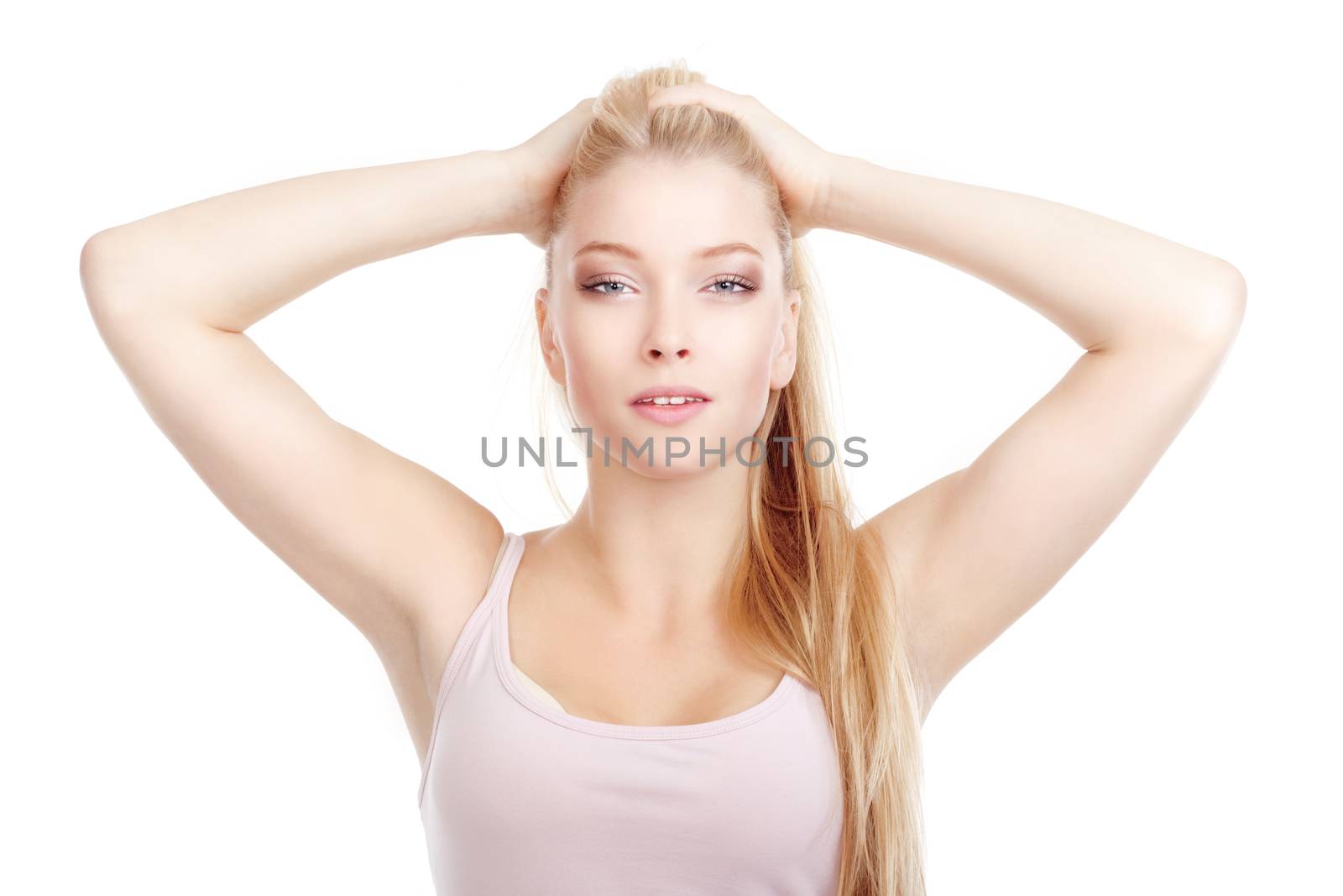 young beautiful woman with blond hair standing - isolated on white