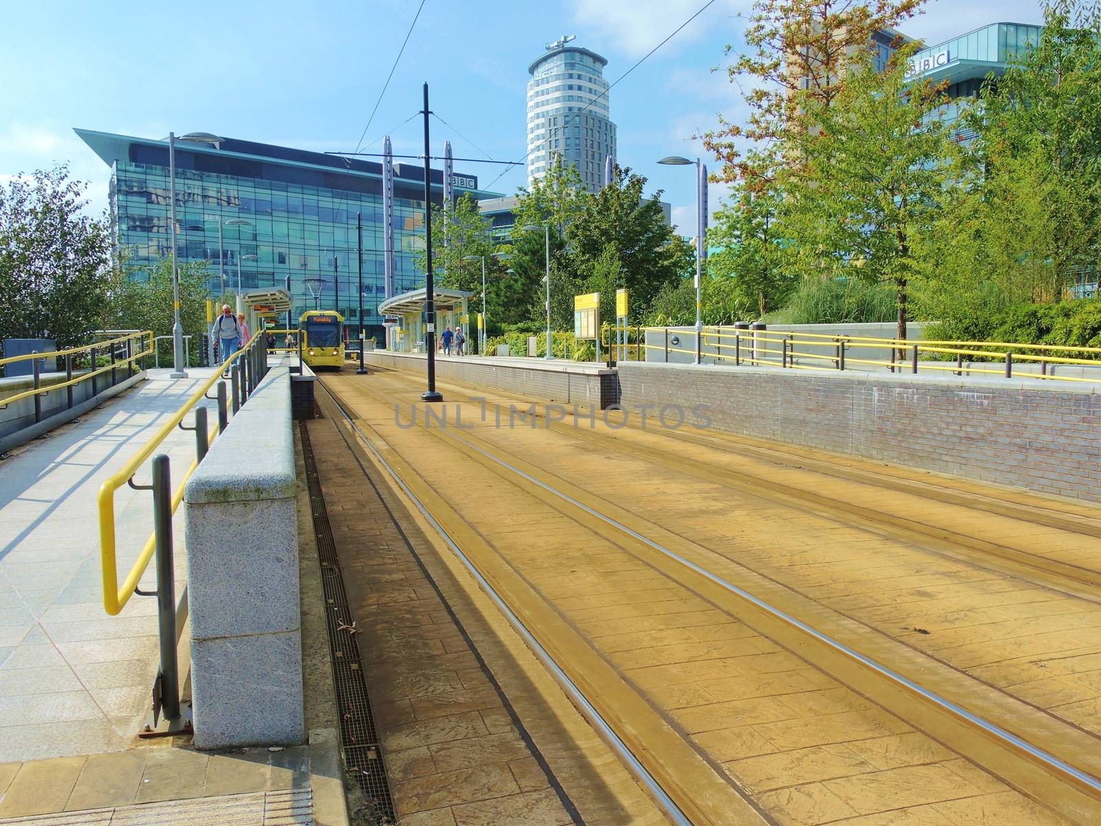 An image of the Tram station in Media city at Salford Quays, UK.