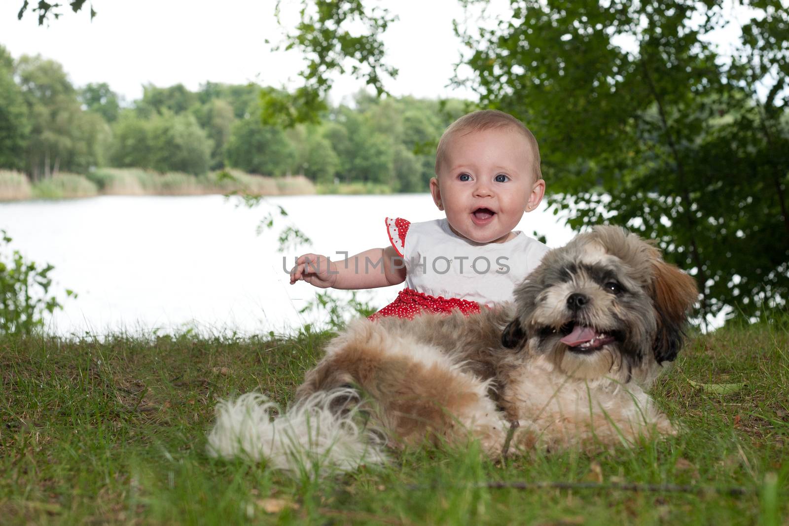 Baby and puppy are playing near the lake