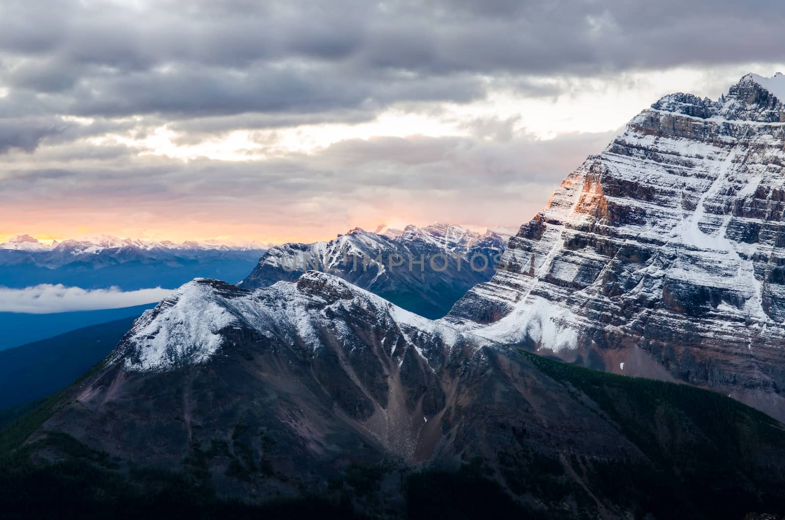 Mountain range view at colorful sunrise, Banff, Rocky mountains, Canada