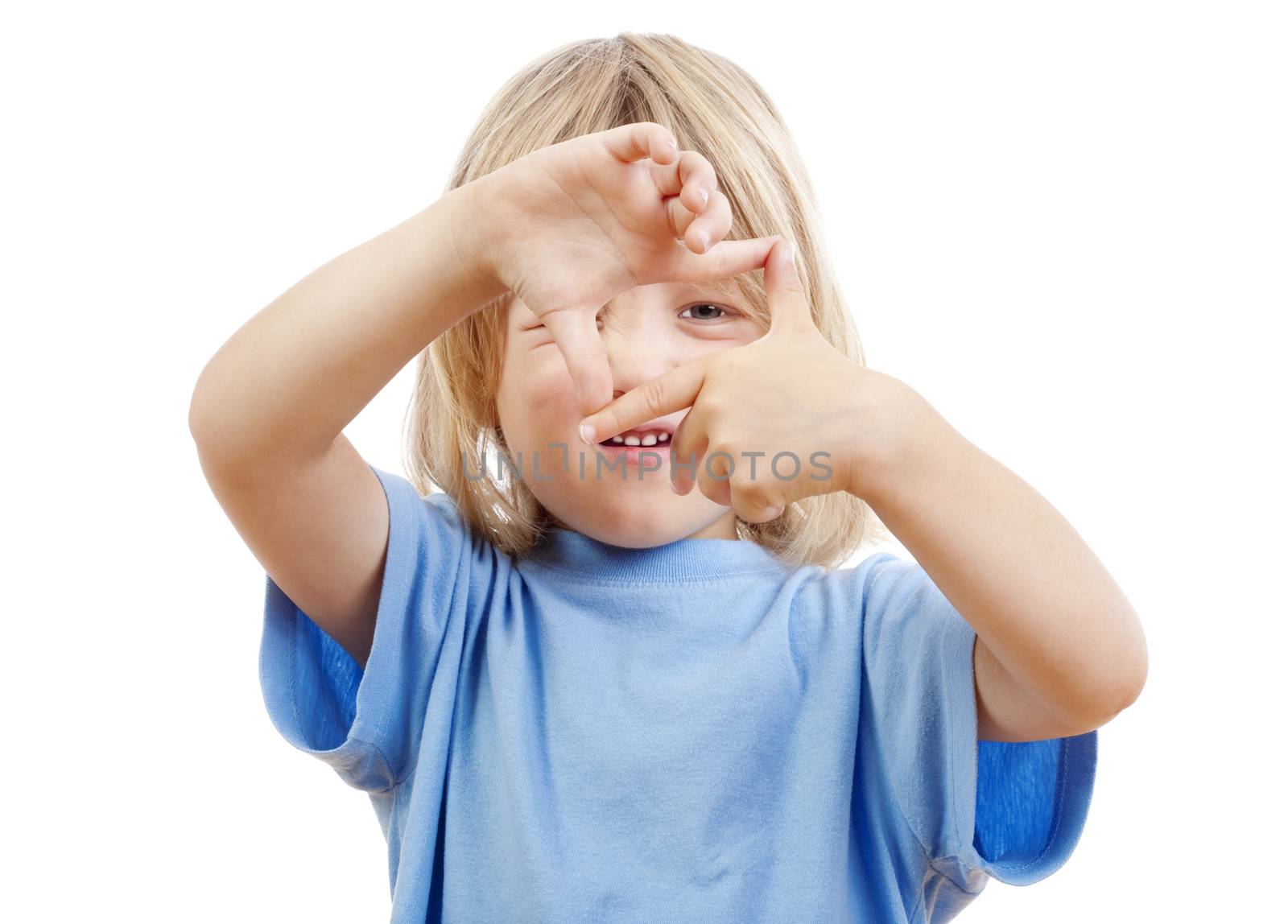 little boy with long blond hair looking through a finger frame - isolated on white