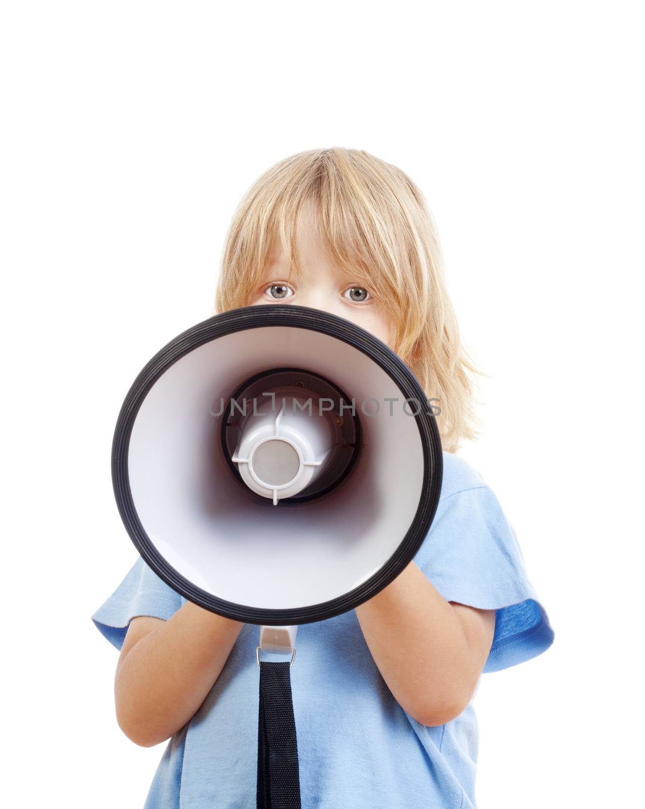 boy with long blond hair playing with a megaphone - isolated on white