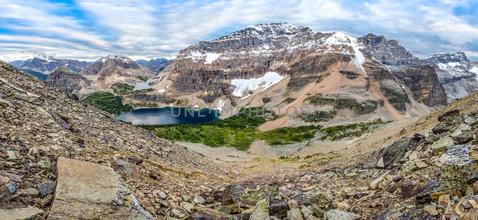 Mountain range panorama with lake in Banff national park, Canada by martinm303