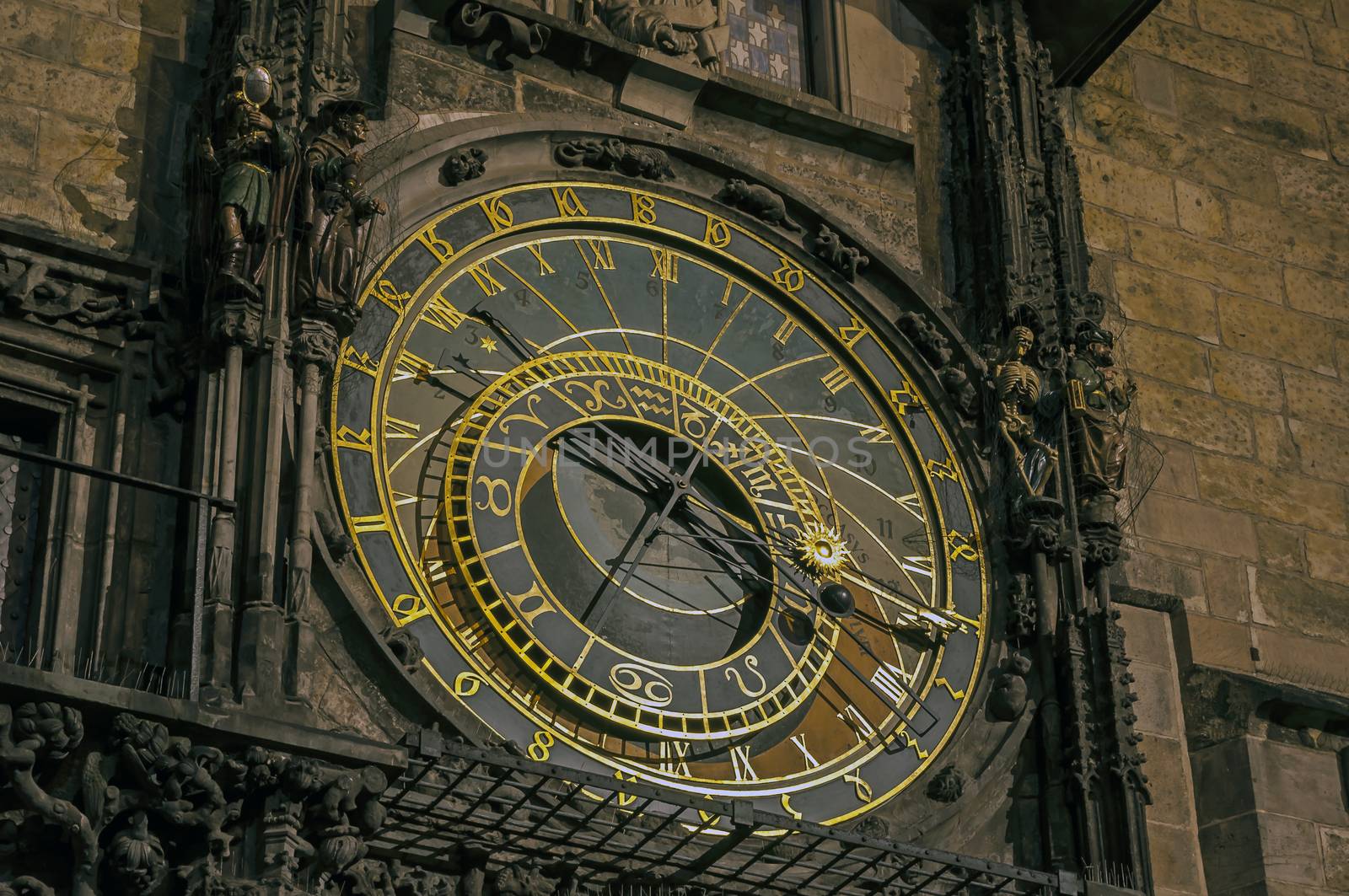 Close up view of the astronomical clock of Prague at night, Czech Republic.