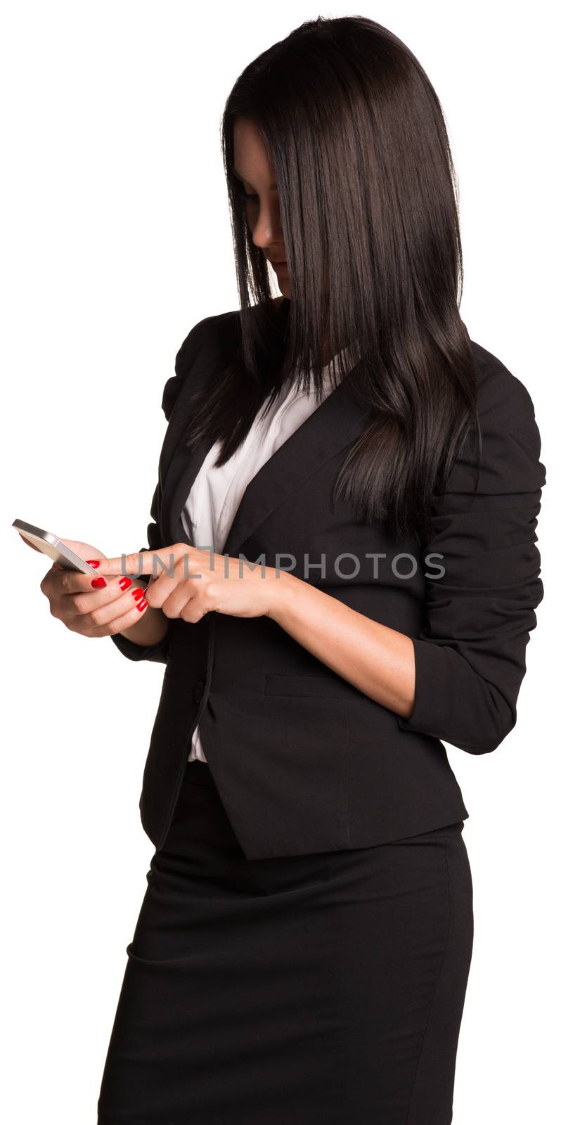 Beautiful businesswomen in suit using smart phone. Isolated on white background