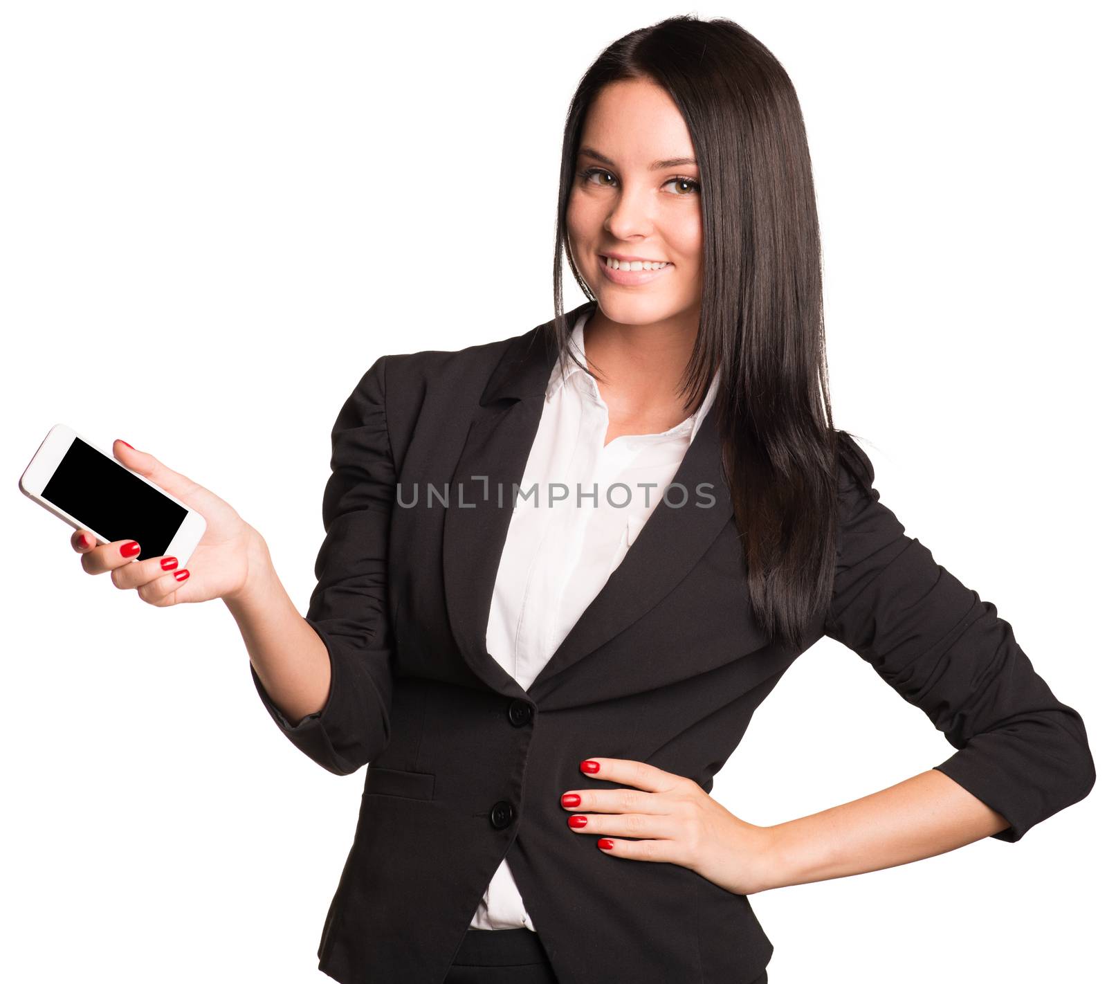 Beautiful businesswomen in suit showing smart phone. Isolated on white background