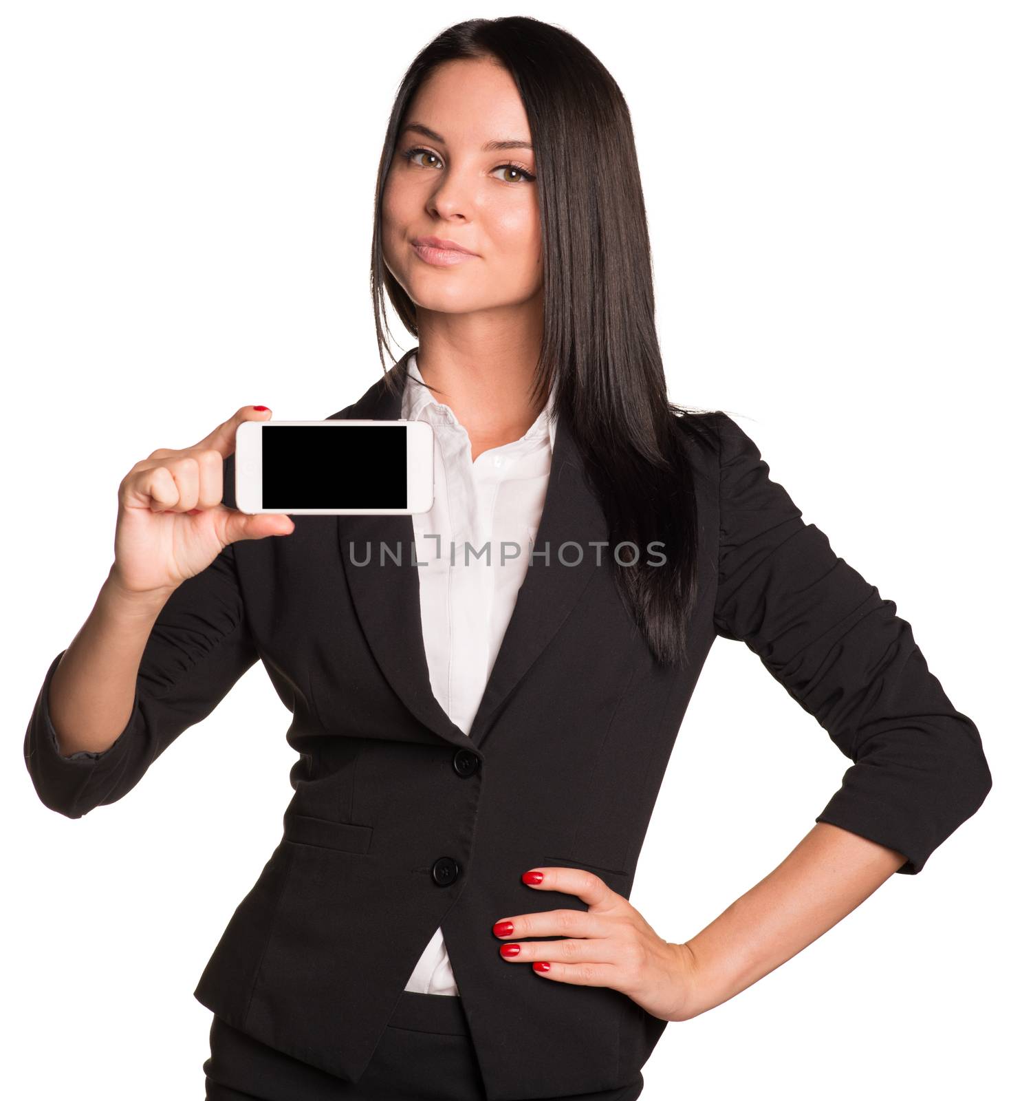 Beautiful businesswomen in suit showing smart phone. Isolated on white background