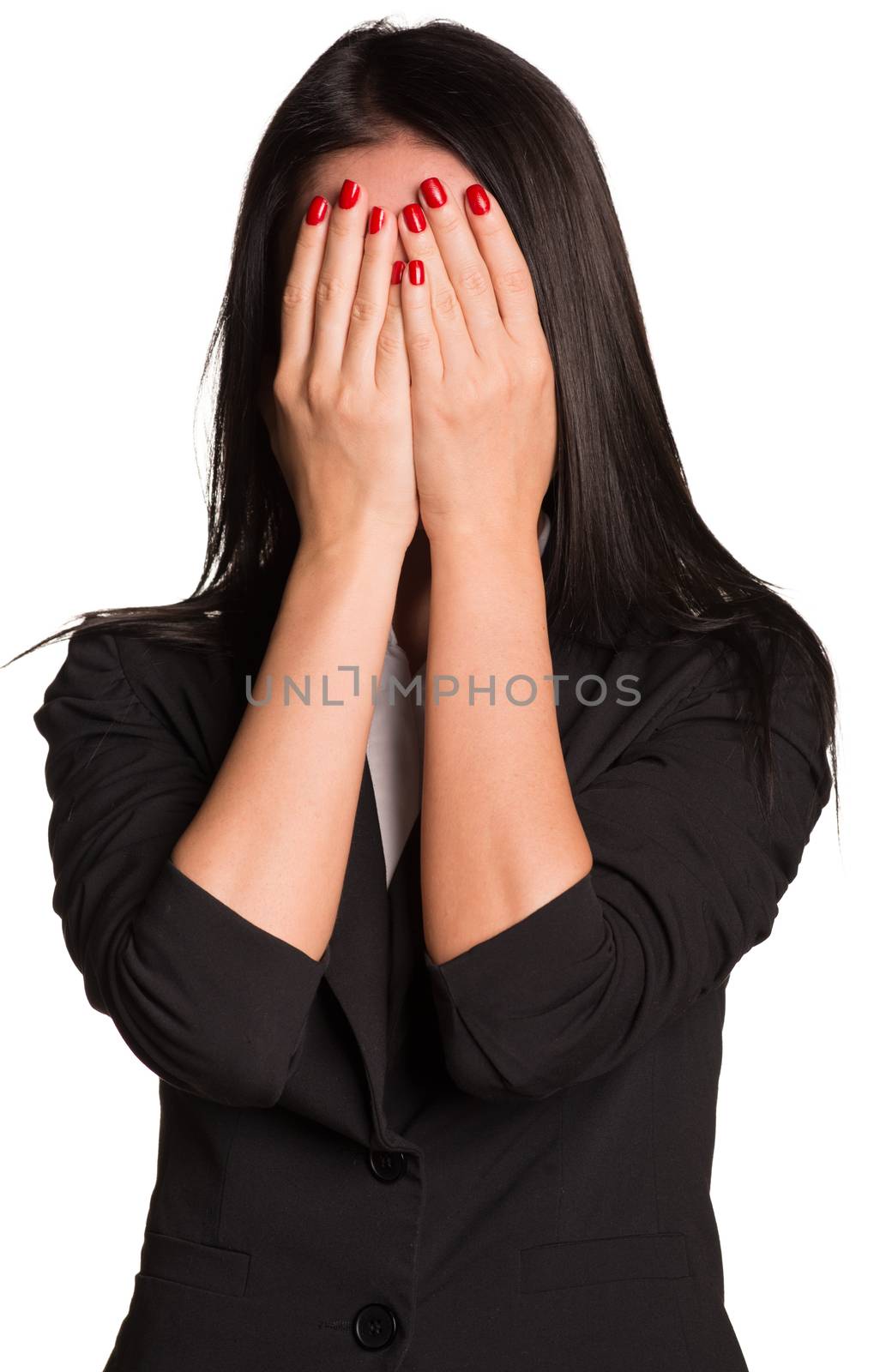 Beautiful businesswomen in suit covered her face with her hands. Isolated on white background