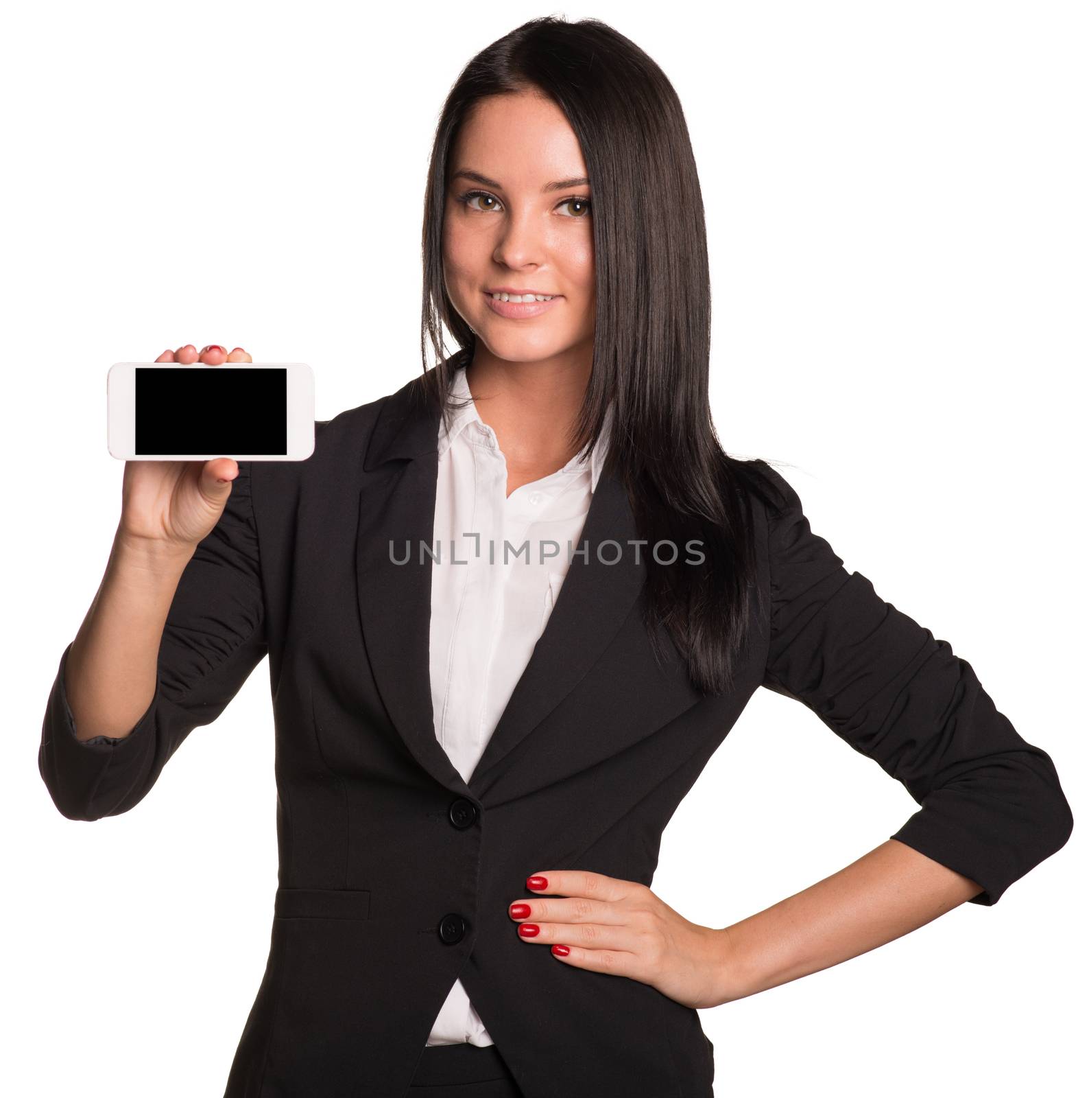 Beautiful businesswomen in suit showing smart phone. Isolated on white background