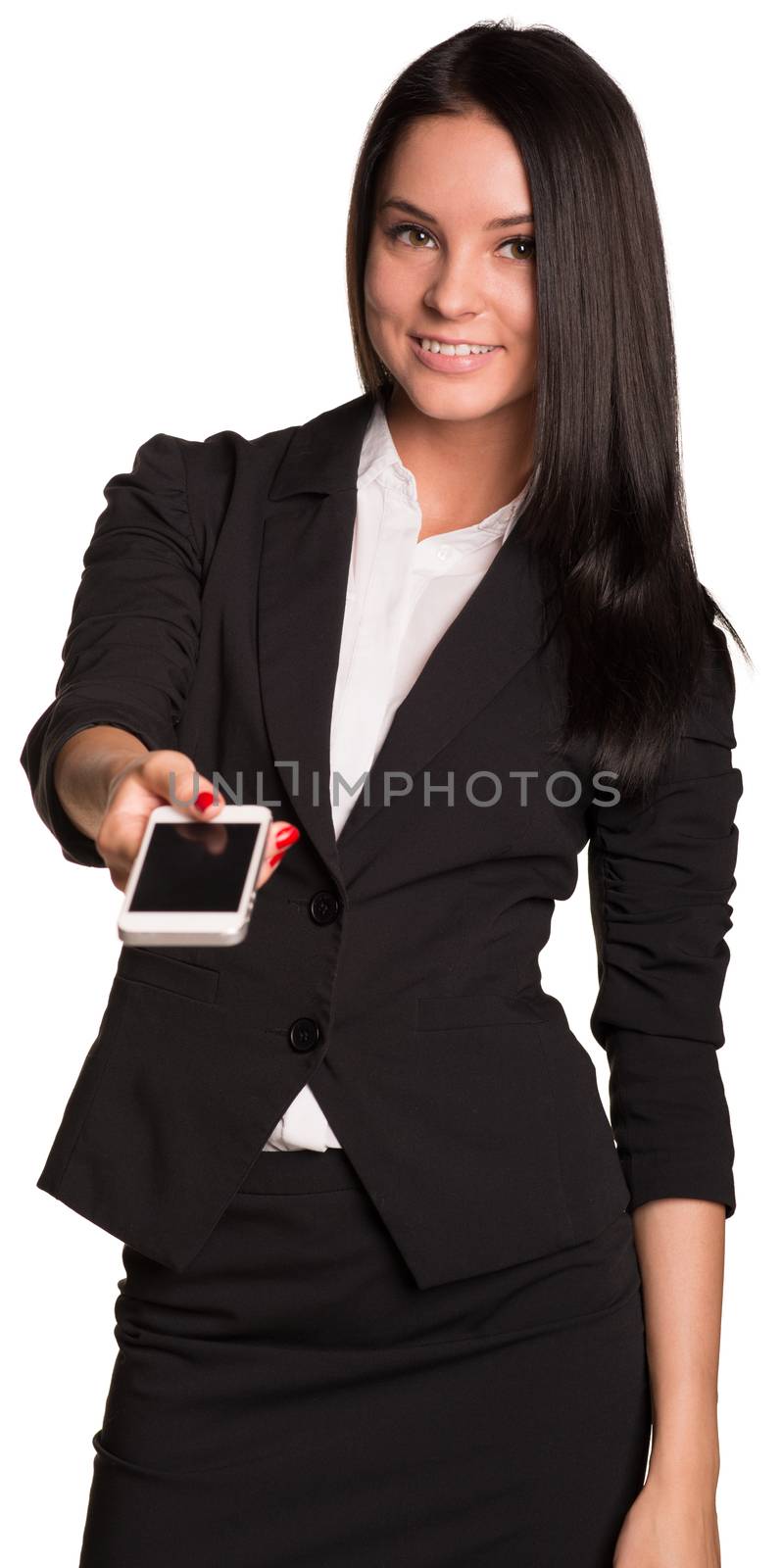 Beautiful businesswomen in suit showing smart phone. Isolated on white background