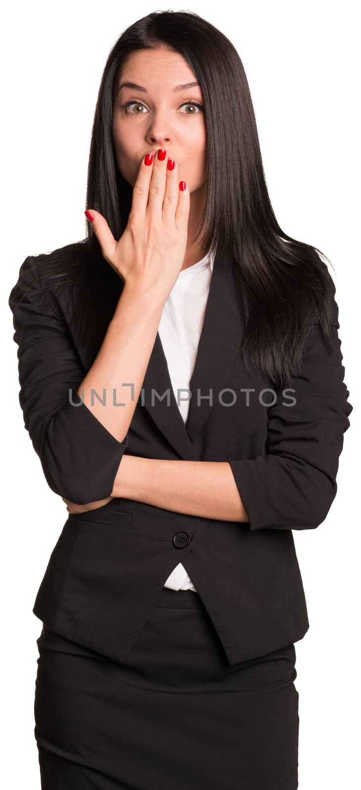 Joyful beautiful businesswoman holding hand to his mouth. Isolated on white background