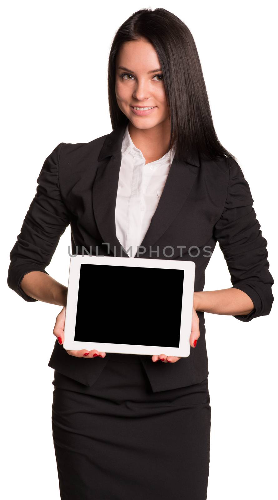 Beautiful businesswomen in suit showing tablet pc. Isolated on white background