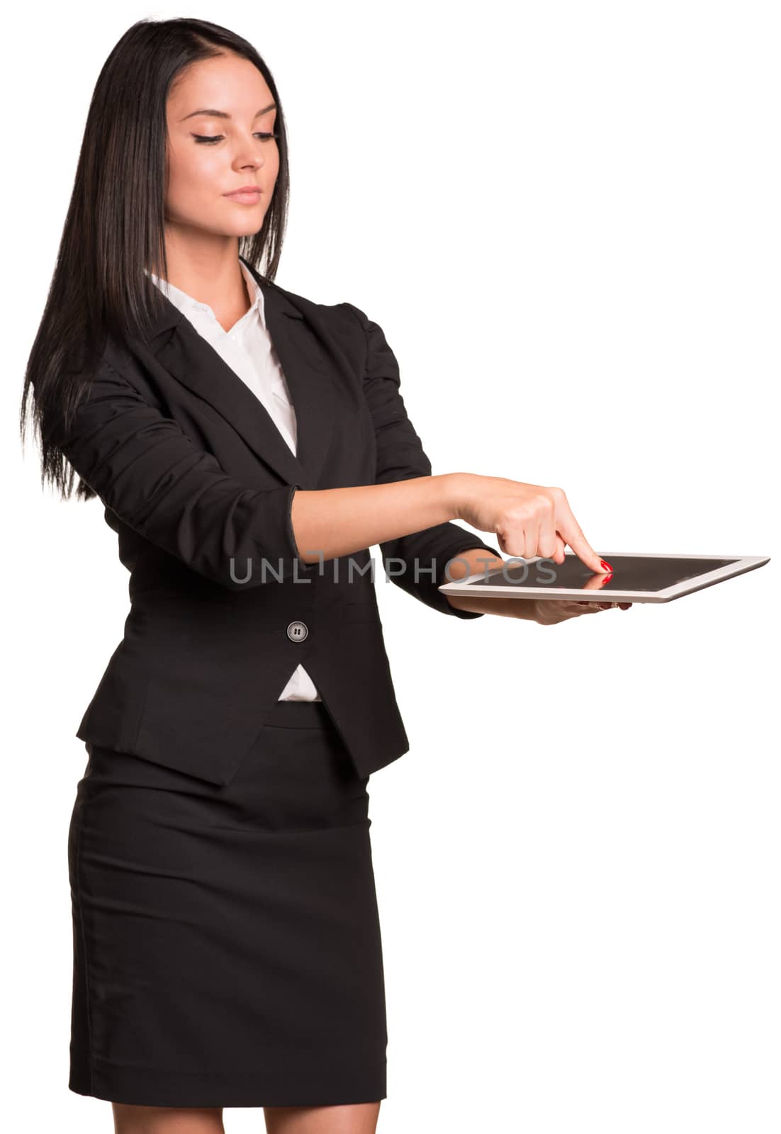 Beautiful businesswoman in suit using tablet. Isolated on white background